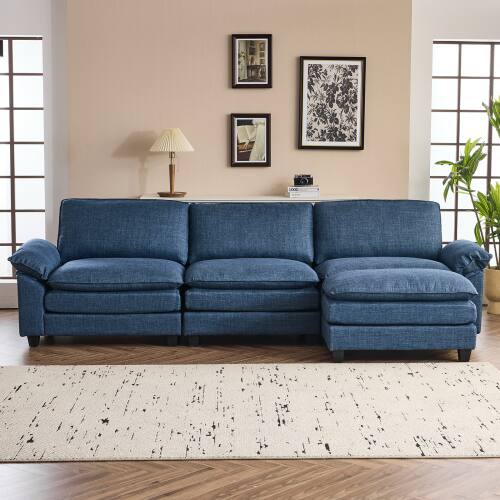 Alt View 4. Winado - Coarse Cotton L-Shaped Sectional Modular Deep Seat Sofa Couch with Footstool for Living Room Apartment, Studio, Office - Blue.