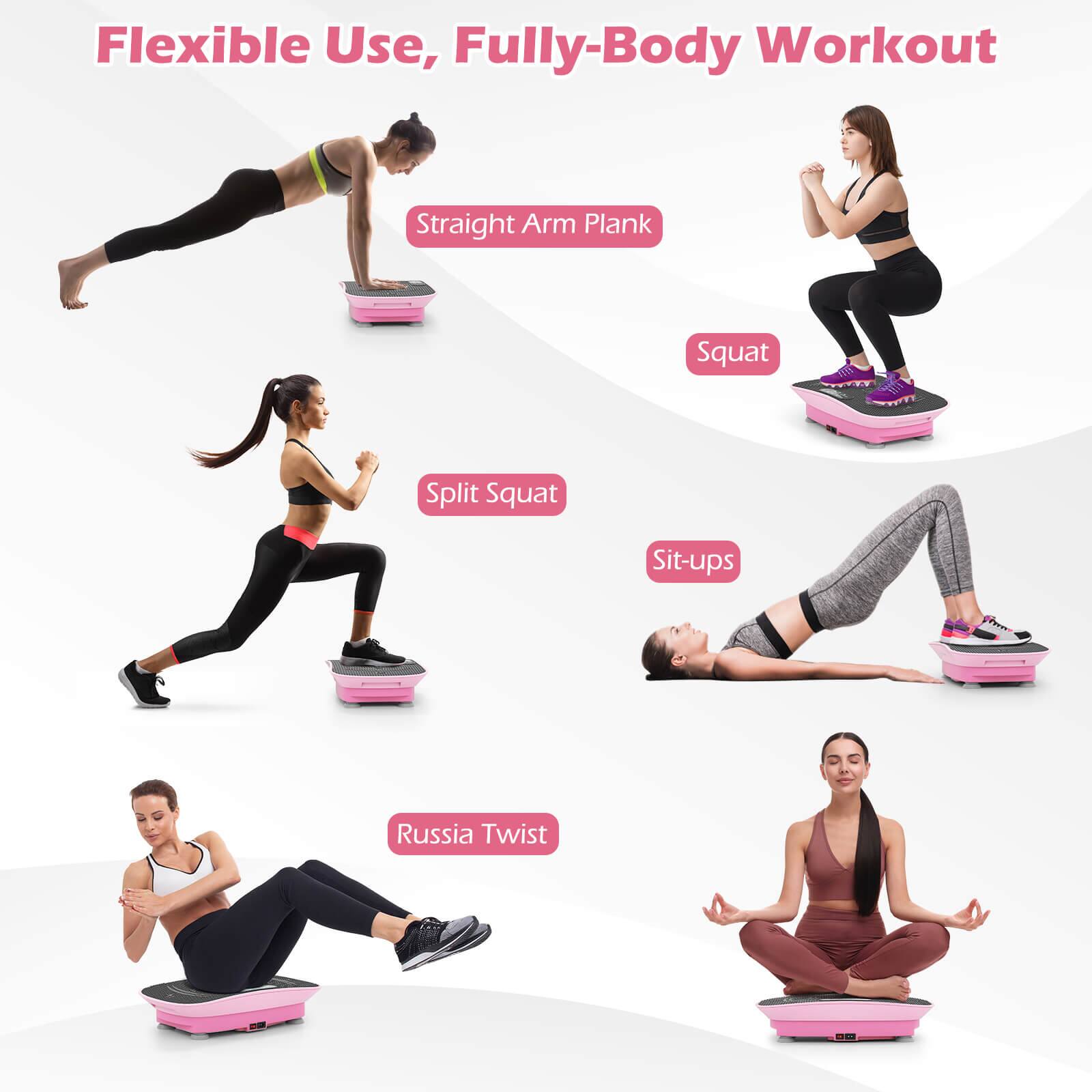 Flexible Use, Fully-Body Workout

- Straight Arm Plank
- Squat
- Split Squat
- Sit-ups
- Russia Twist