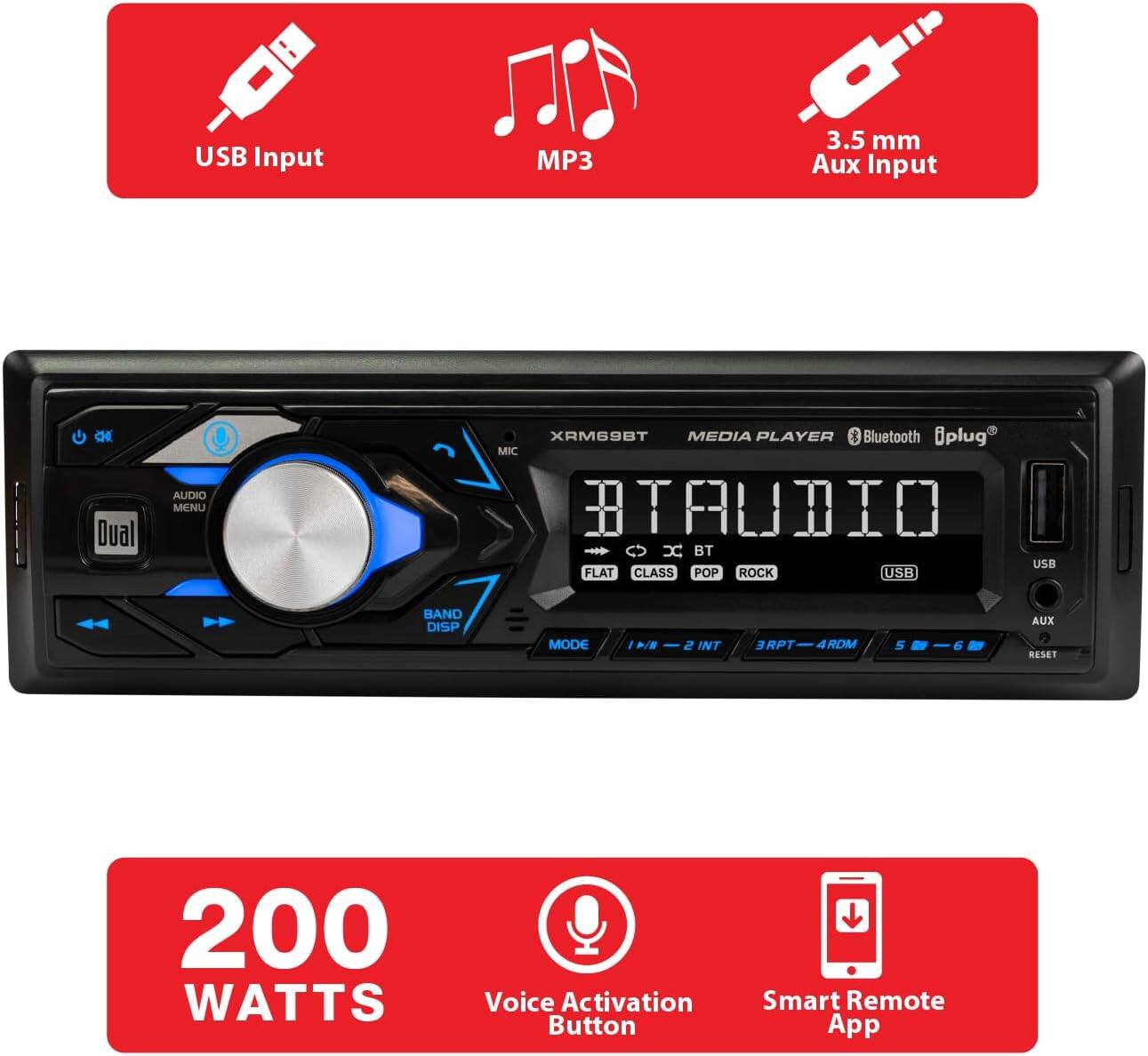 USB Input  
MP3  
3.5 mm Aux Input  

XRM69BT  
MEDIA PLAYER  
Bluetooth  
BTAUDIO  

FLAT  
CLASS  
POP  
ROCK  

USB  
AUX  

200 WATTS  

Voice Activation Button  
Smart Remote App