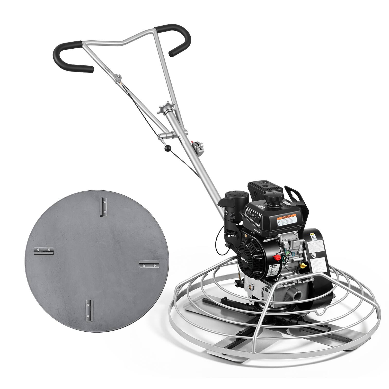 The image shows a metal edger with a circular blade and a motorized engine.