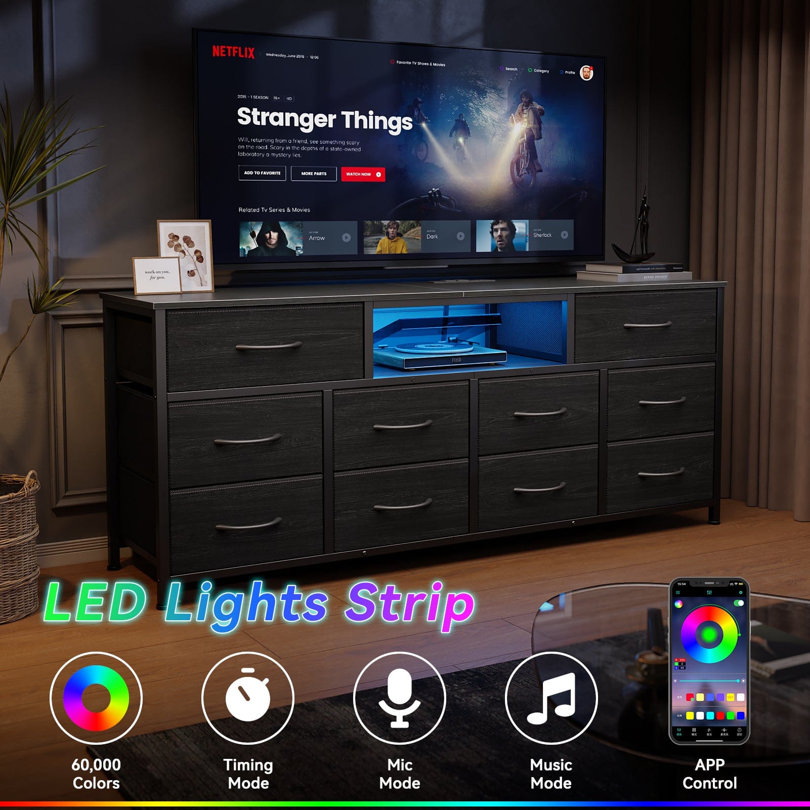 Furnulem - 55 In Modern TV Stand with LED Lights Charging Station 10 Drawers Media Console for Living Room Bedroom - Black