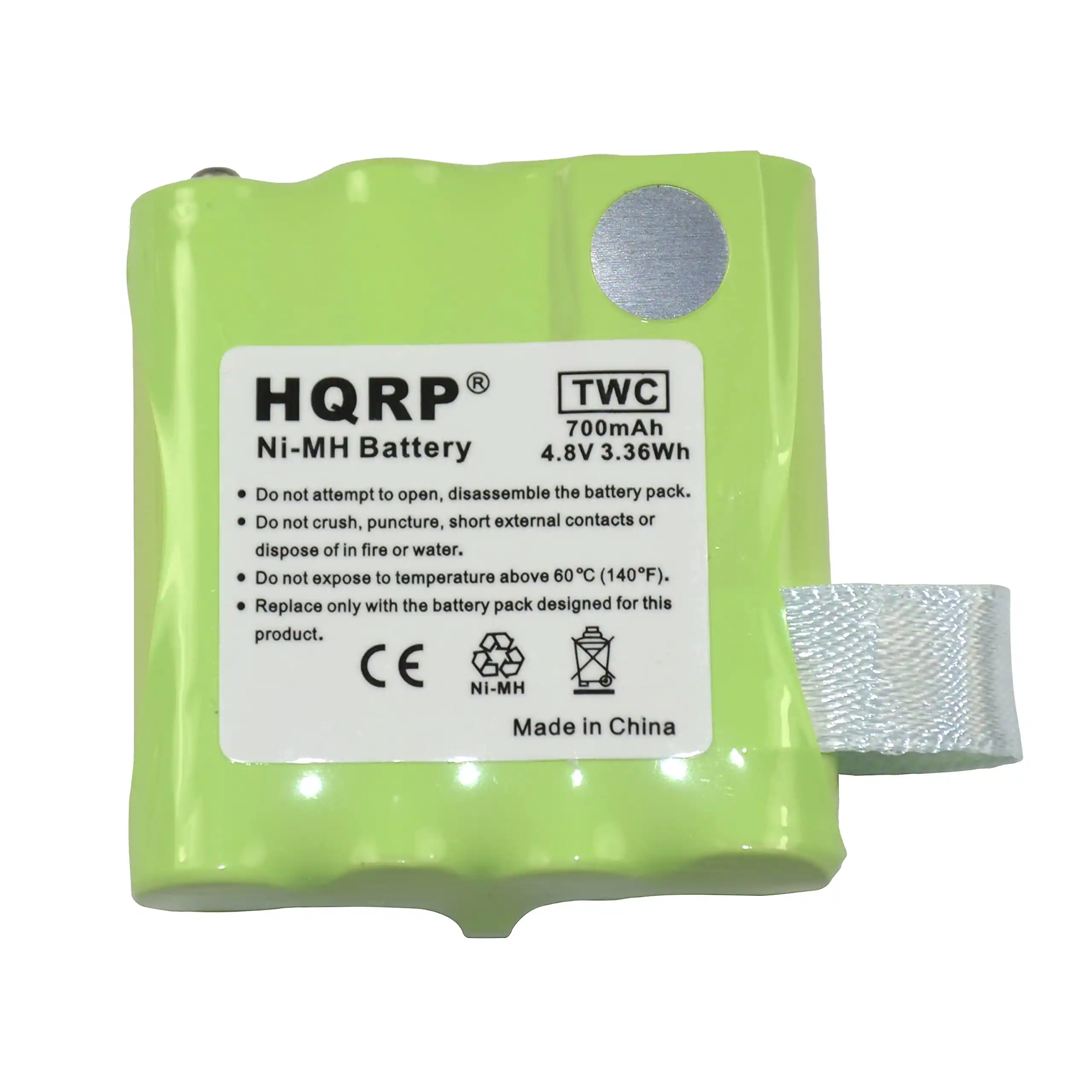 HQRP TWC 700mAh Ni-MH Battery 4.8V 3.36Wh

Do not attempt to open, disassemble the battery pack. Do not crush, puncture, short external contacts or dispose of in fire or water. Do not expose to temperature above 60C (140F). Replace only with the battery pack designed for this product.

CE Ni-MH Made in China