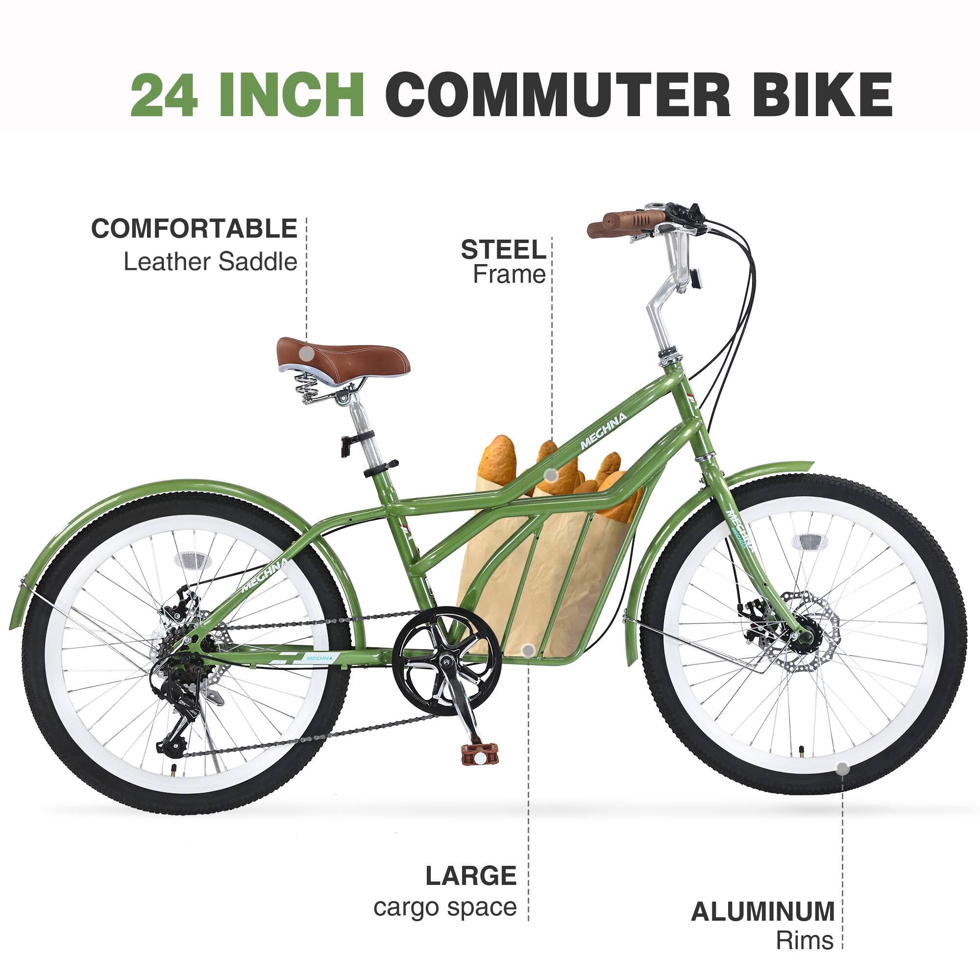 24 INCH COMMUTER BIKE

- COMFORTABLE Leather Saddle
- STEEL Frame
- LARGE cargo space
- ALUMINUM Rims