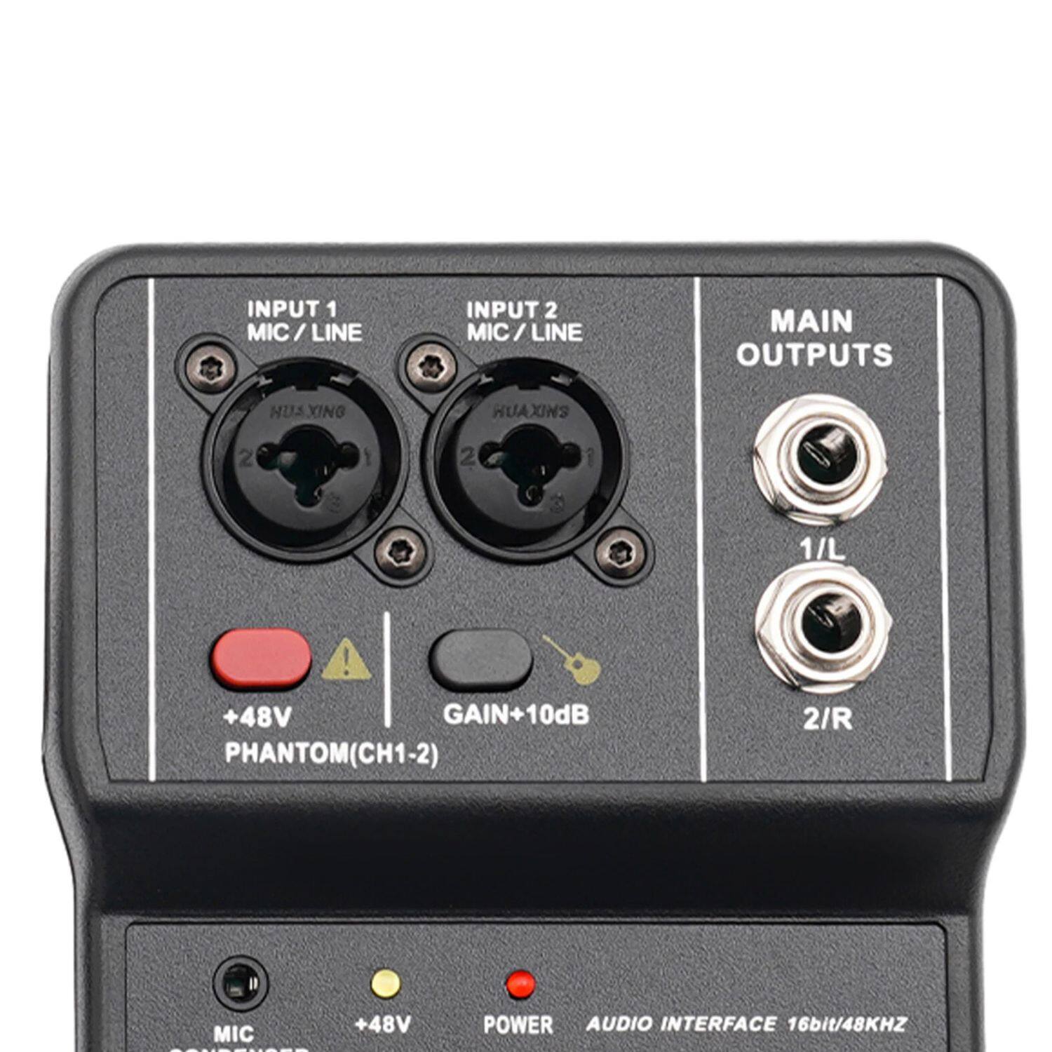 INPUT 1 MIC / LINE  
INPUT 2 MIC / LINE  
MAIN OUTPUTS  
1/L  
2/R  

+48V PHANTOM (CH1-2)  
GAIN +10dB  

MIC  
+48V  
POWER  

AUDIO INTERFACE 16bit/48KHZ
