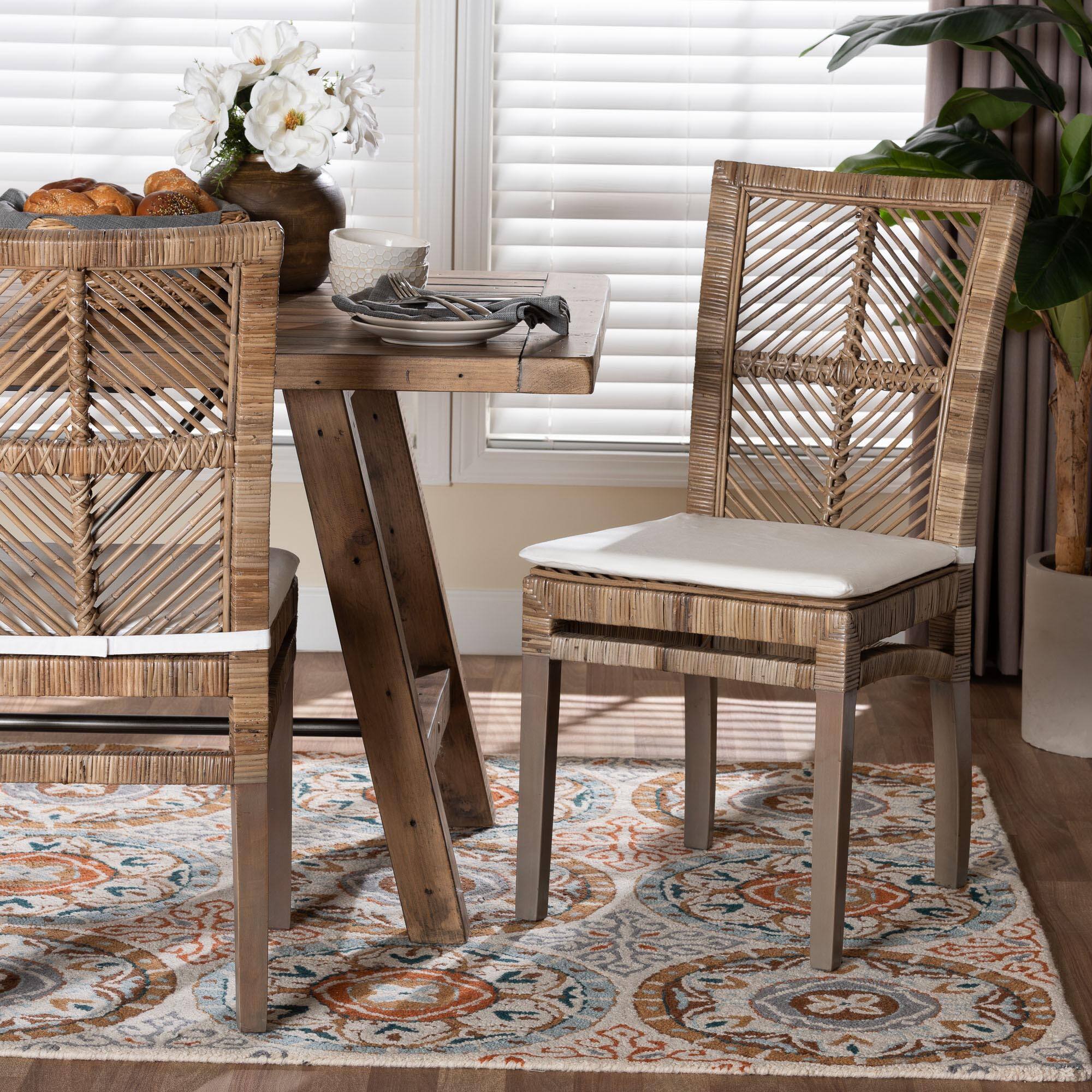 Alt View 4. bali & pari - Laluna Modern Bohemian Natural Rattan and Mahogany Dining Chair with Cushion - Greywashed/White.