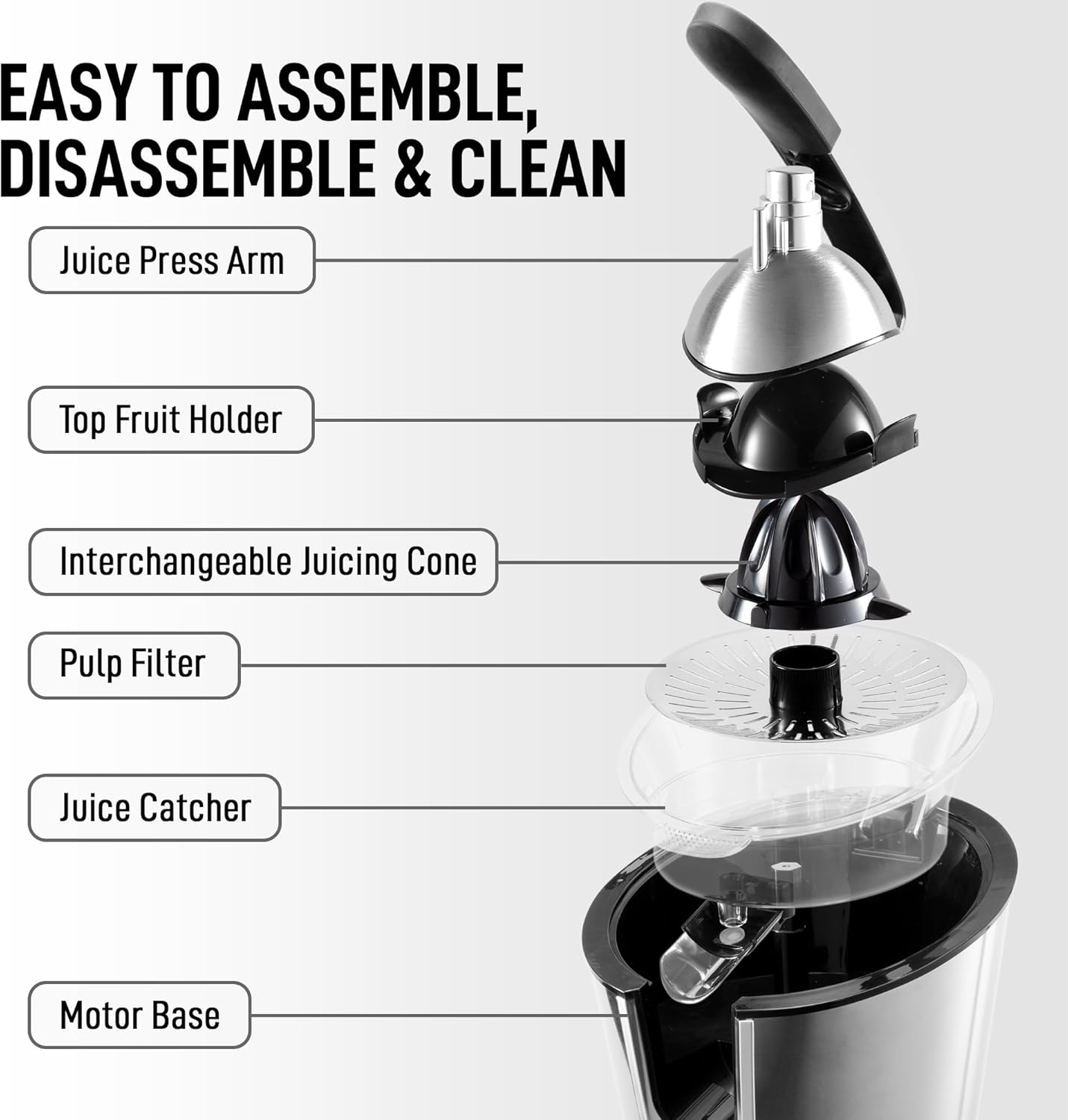 EASY TO ASSEMBLE, DISASSEMBLE & CLEAN

- Juice Press Arm
- Top Fruit Holder
- Interchangeable Juicing Cone
- Pulp Filter
- Juice Catcher
- Motor Base