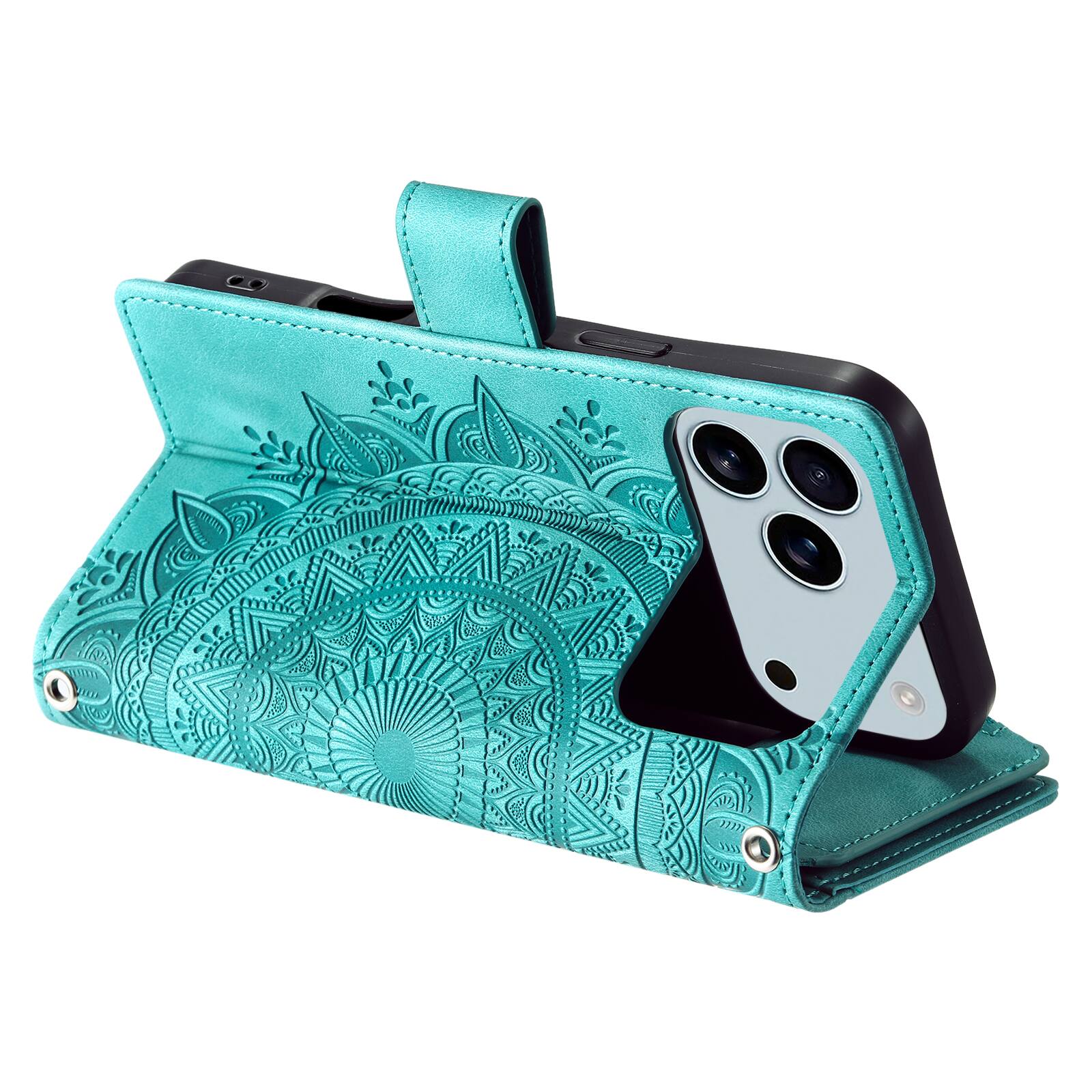 Left. Dteck - Crossbody Strap Magnetic Case for iPhone 17 Pro Max, Zipper Wallet Purse 8-Card Kickstand Wrist Strap Cover - Green.