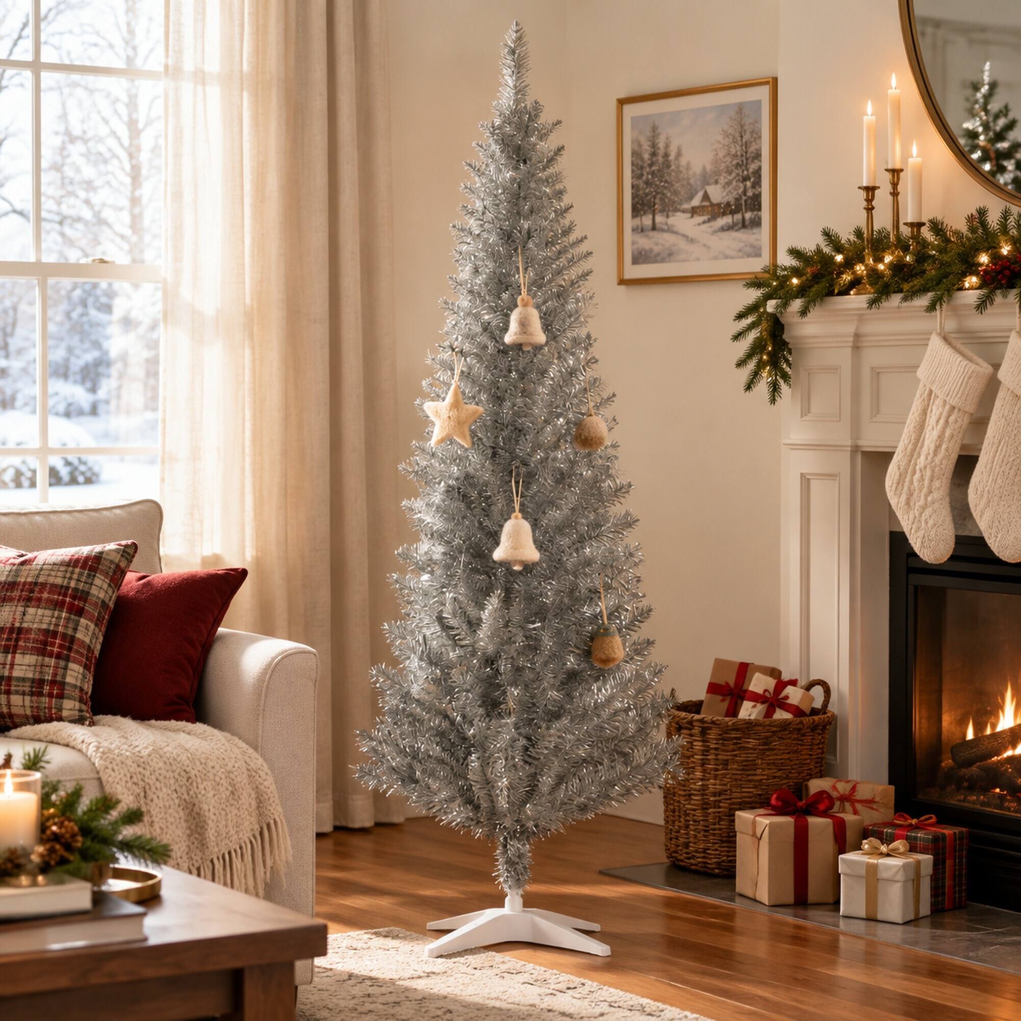 Left. RYHNUYNE - 5FT Pencil Artificial Christmas Tree With Realistic Tips and Sturdy Stand - Silver.