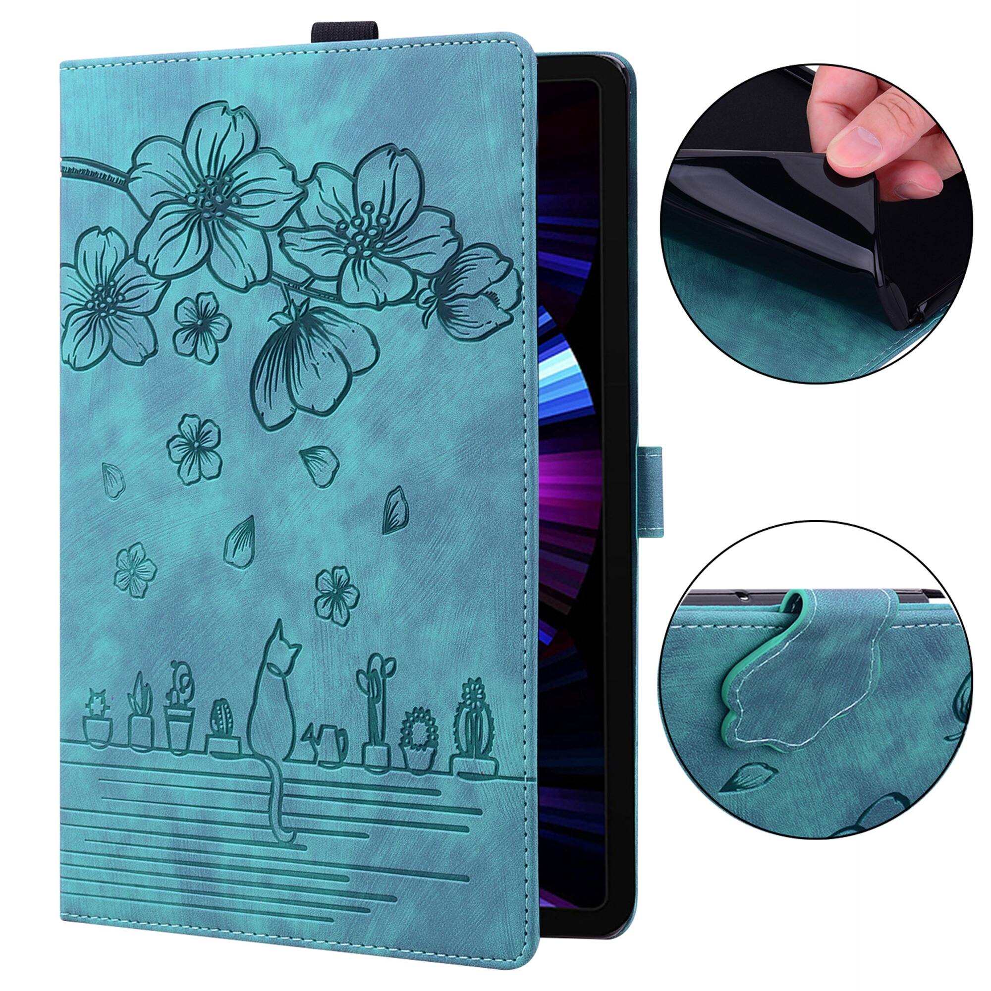Left. Dteck - For Samsung Galaxy Tab S11 Ultra 14.6-inch Embossed Flower Pattern Folio Case Card Slots Kickstand Cover - Green.