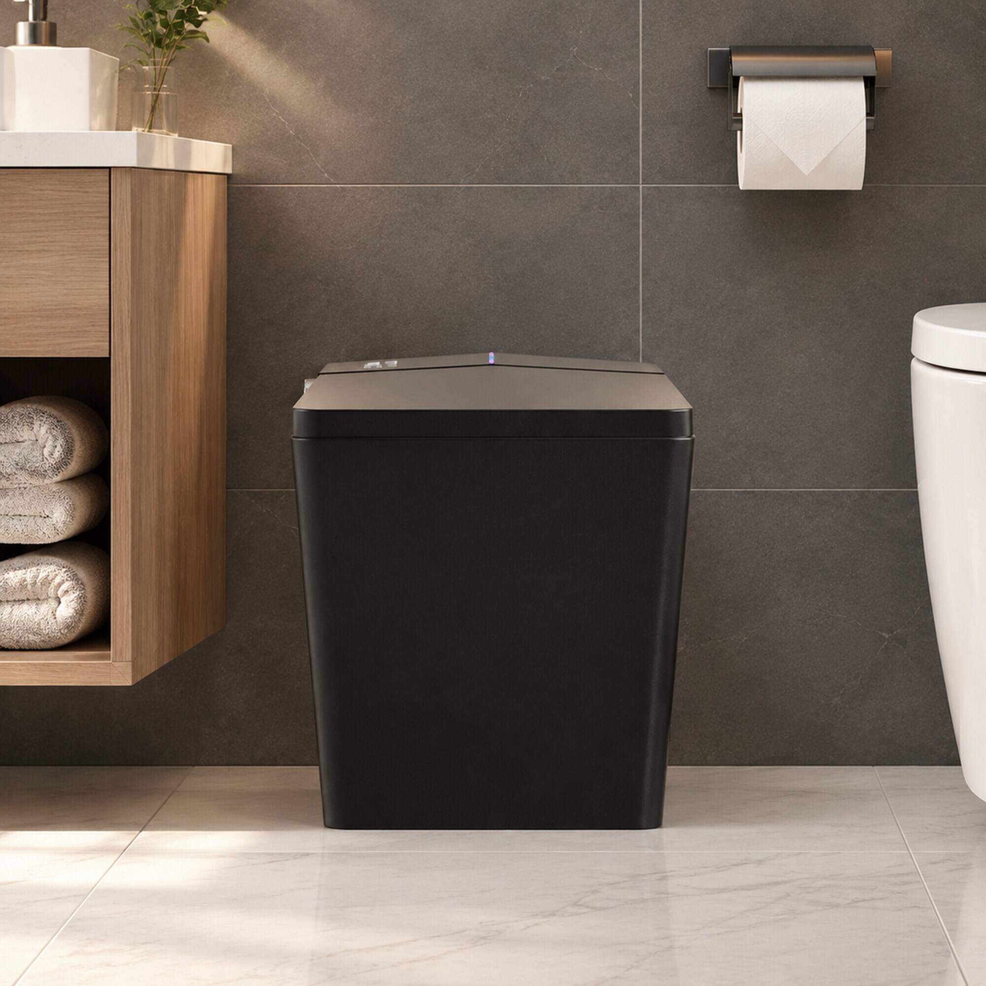 Back. RYHNUYNE - Square Matte Black Smart Bidet Toilet, Built-in Tank Remote Foot Touch Auto Flush Heated Seat LED Display User Memory - Matte Black.