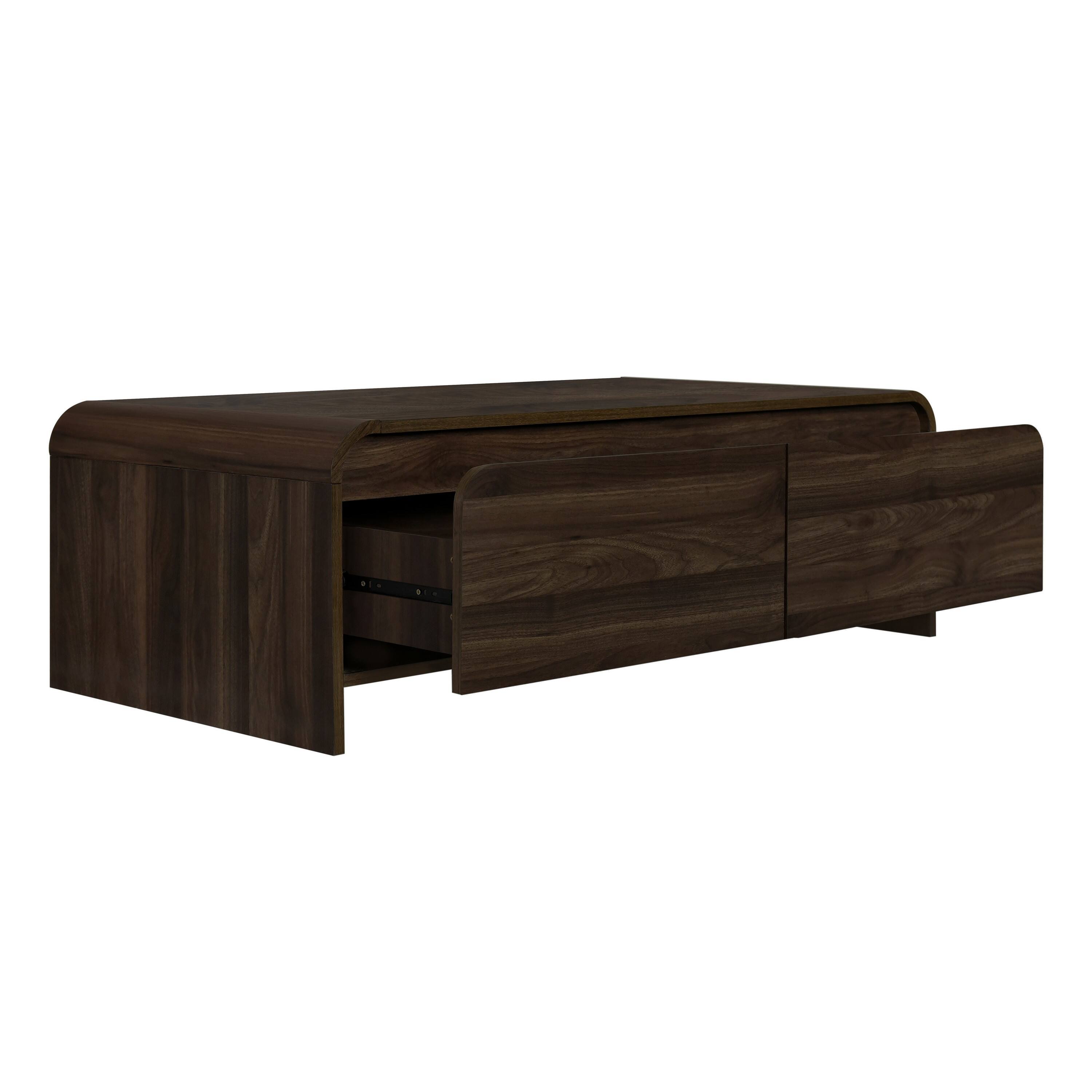 Left. Manhattan Lane - Maria Coffee Table, 2 Drawer and Waterfall Style, Wood 47 Inch - Walnut Brown.