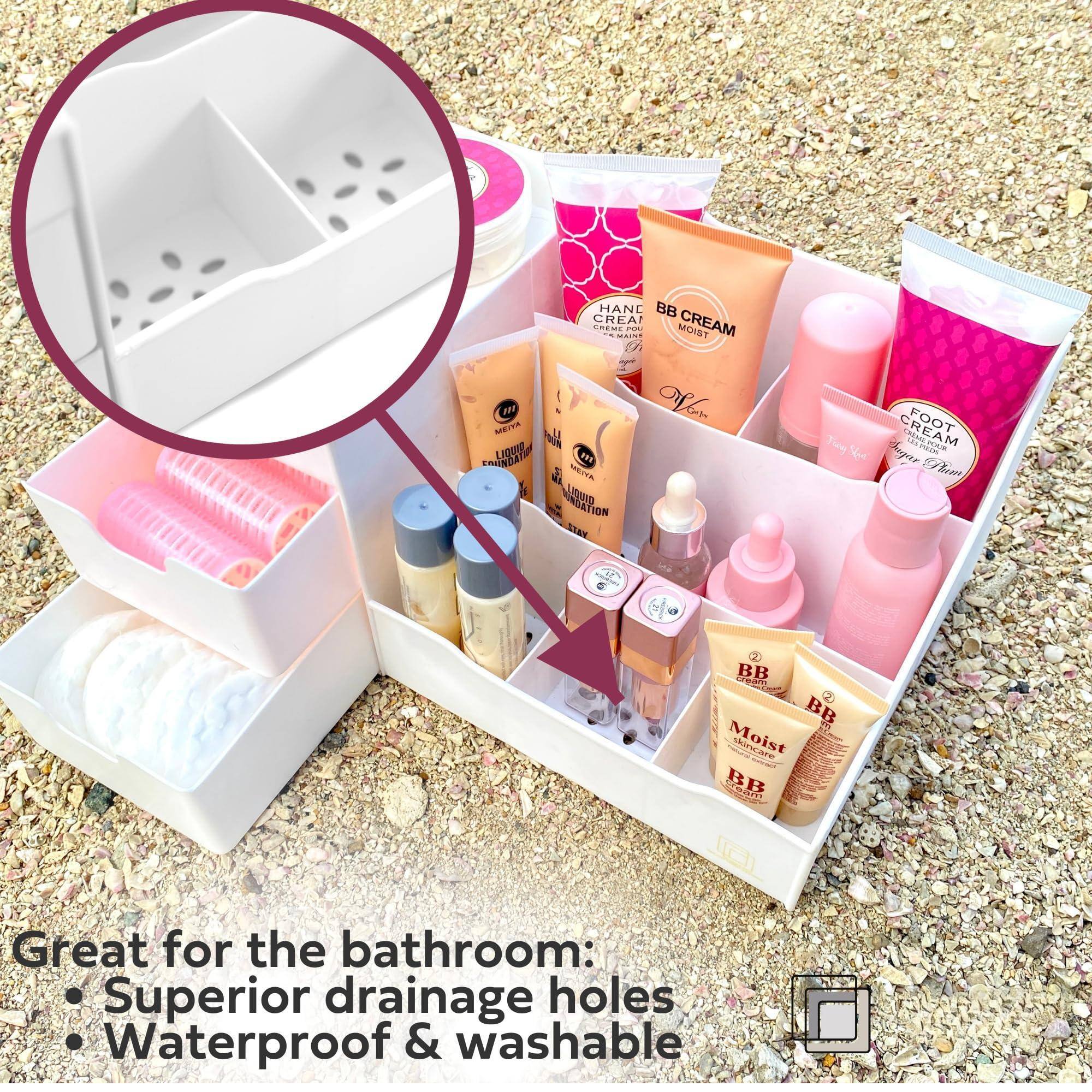Sure, here is the corrected and grouped text from the image:

---

**Great for the bathroom:**
- Superior drainage holes
- Waterproof & washable

**Products:**
- BB Cream Moist
- Foot Cream
- Hand Cream
- Moisturizing Cream
- BB Cream
- BB Moist
- BB Great
- Hand Cream
- Foot Cream
- Moisturizing Cream
- BB Cream
- BB Moist
- BB Great

---

This text is organized to reflect the information and products shown in the image.