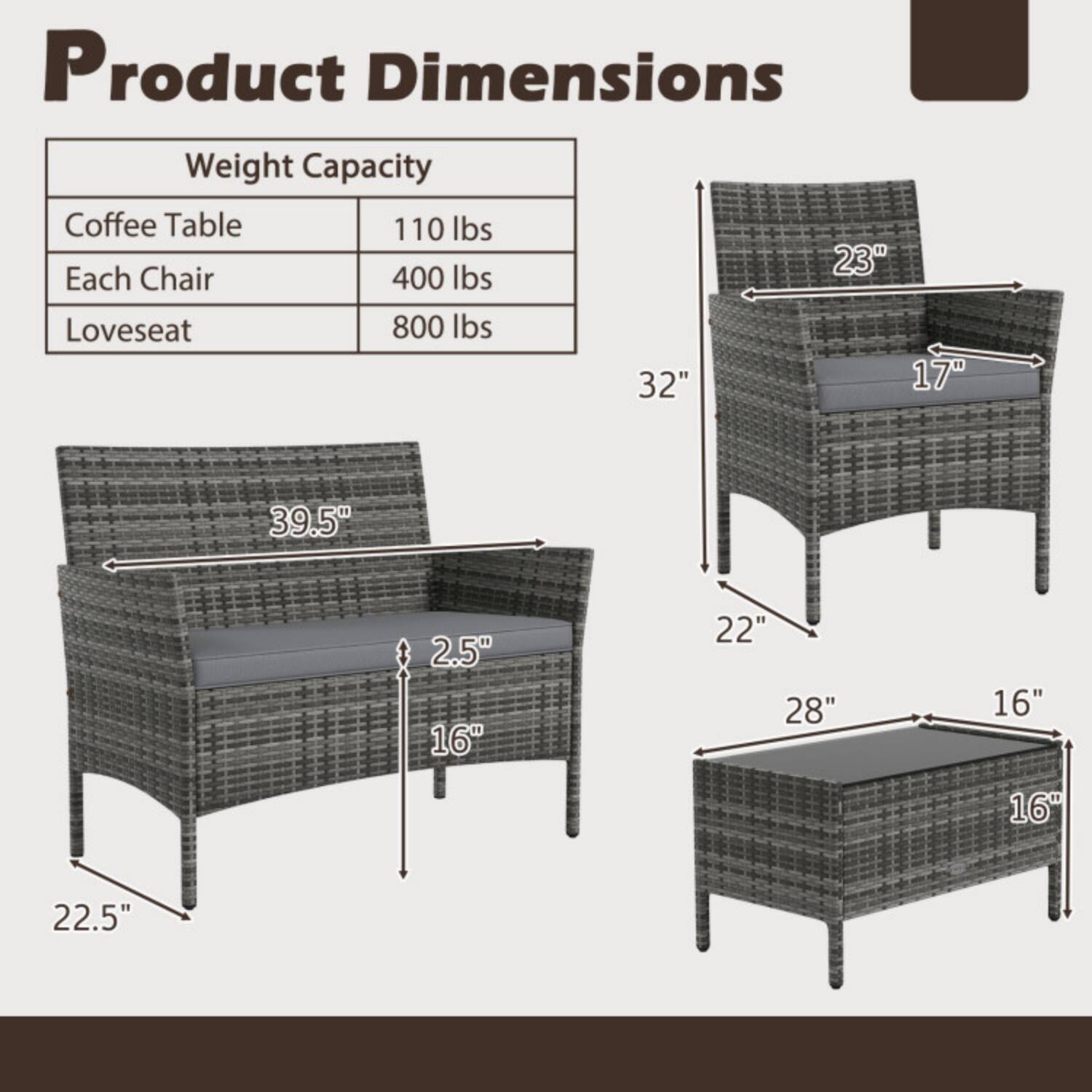 Product Dimensions  
Weight Capacity  
Coffee Table: 110 lbs  
Each Chair: 400 lbs  
Loveseat: 800 lbs  

Dimensions:  
Coffee Table: 28" x 16" x 16"  
Each Chair: 32" x 23" x 17" x 2.5"  
Loveseat: 39.5" x 22.5" x 22"