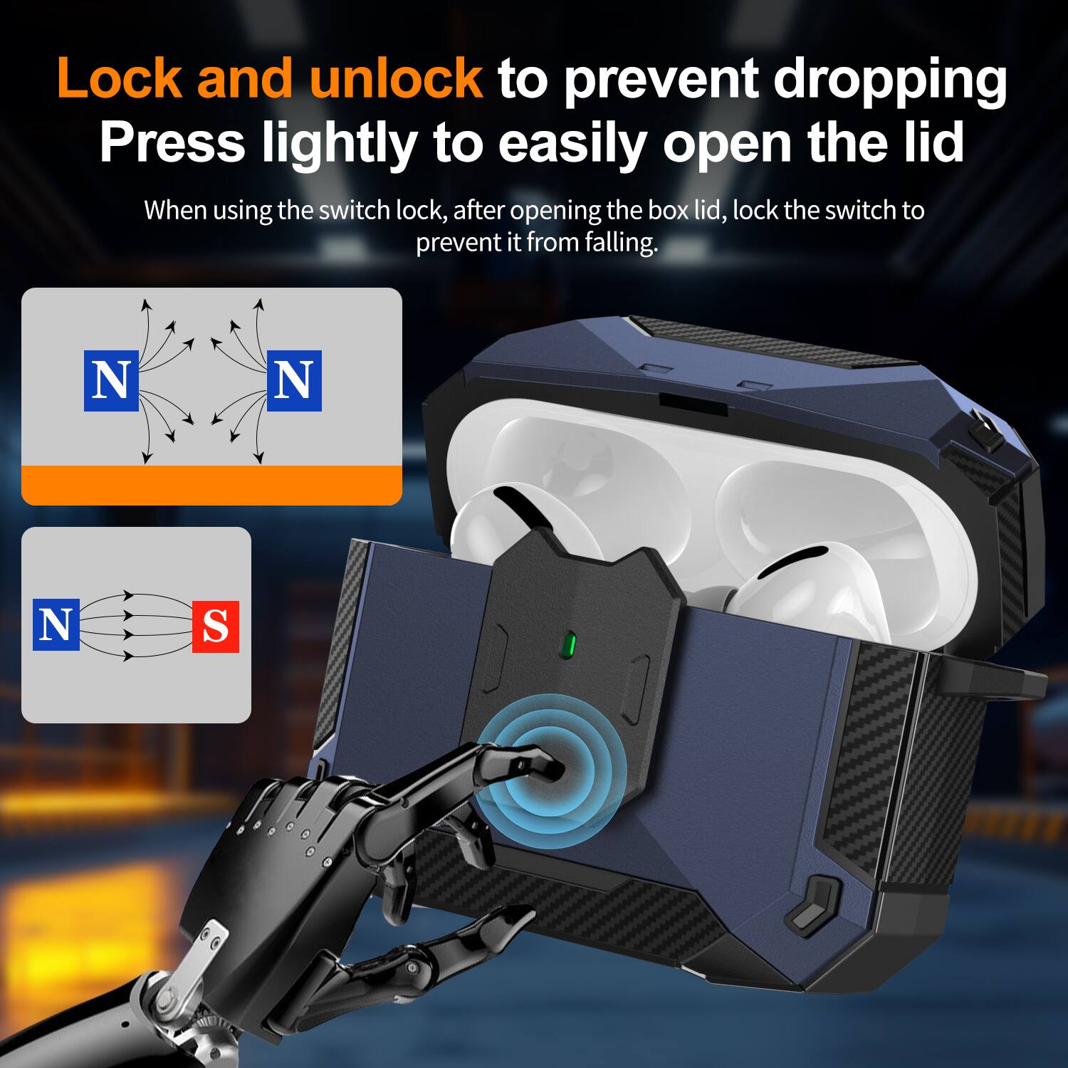 Lock and unlock to prevent dropping  
Press lightly to easily open the lid  

When using the switch lock, after opening the box lid, lock the switch to prevent it from falling.