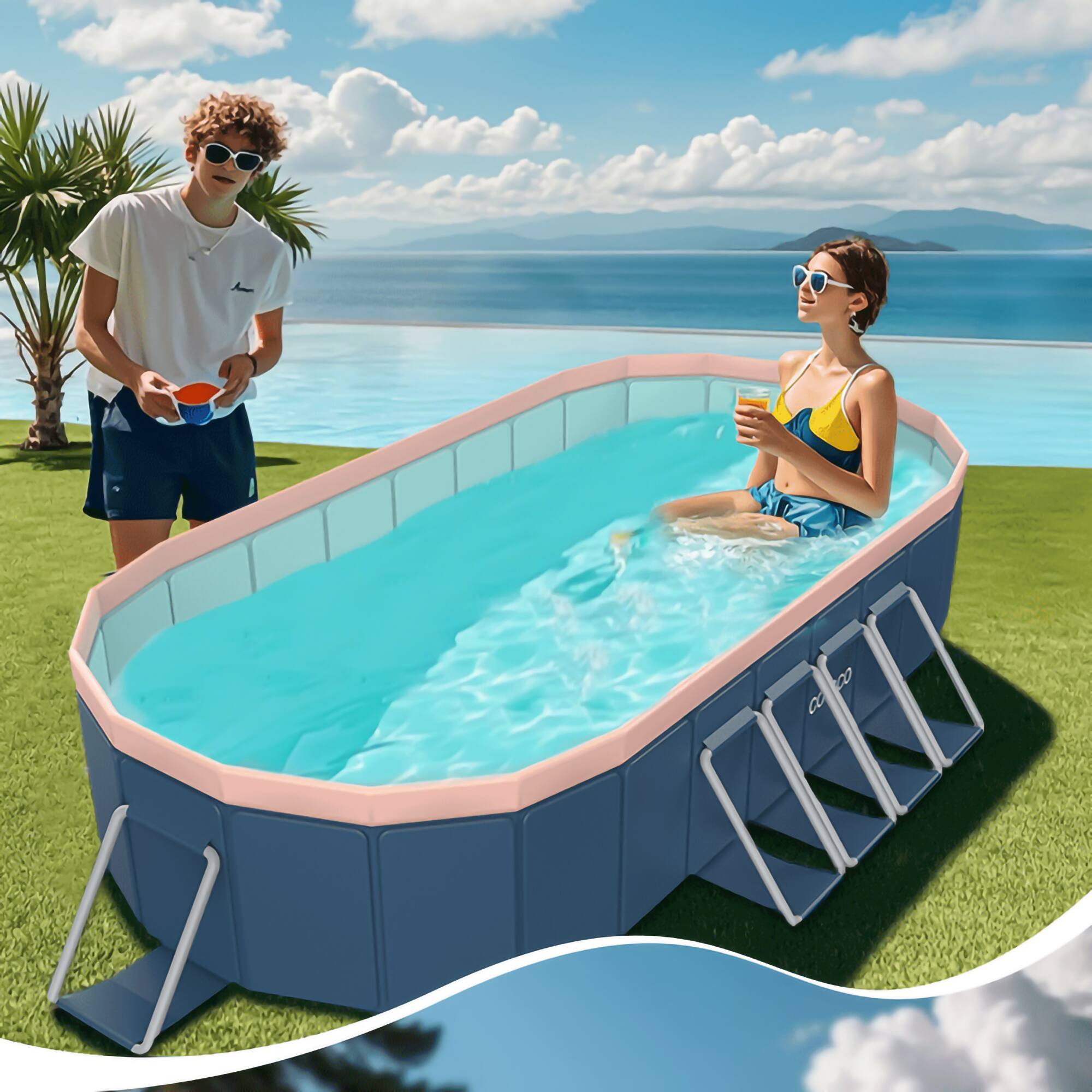 Angle. Mondawe - 3.0m Oval Foldable Above Ground Family Swimming Pool with Ladder for Backyard - Blue-gray.