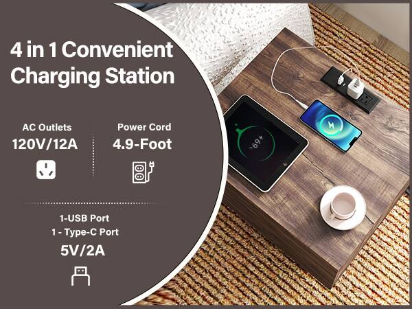4 in 1 Convenient Charging Station

AC Outlets: 120V/12A

Power Cord: 4.9-Foot

1-USB Port

1-Type-C Port

5V/2A