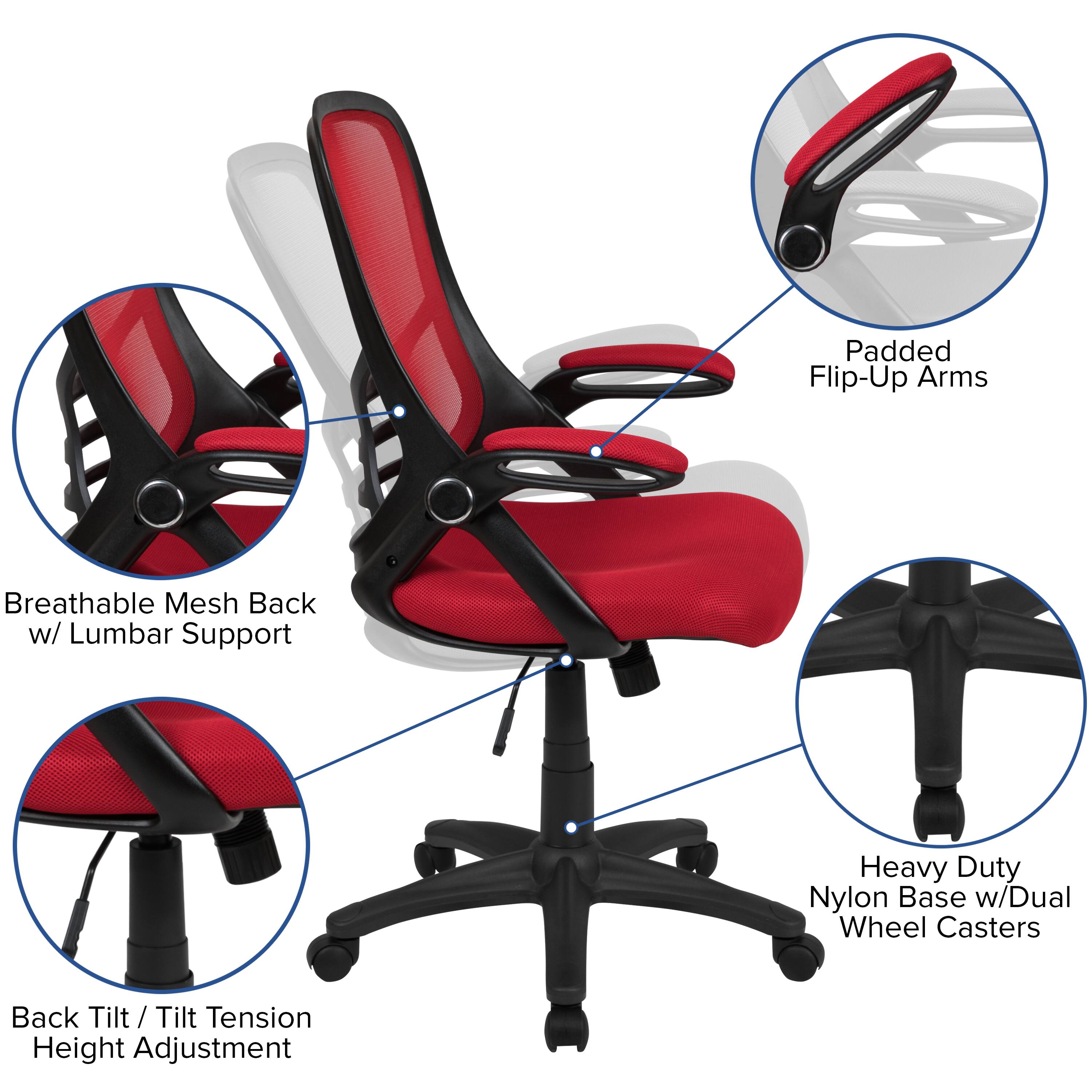 Padded Flip-Up Arms  
Breathable Mesh Back w/ Lumbar Support  
Heavy Duty Nylon Base w/Dual Wheel Casters  
Back Tilt / Tilt / Tension Height Adjustment