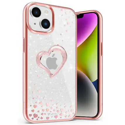 Front. Vena - vLove Glitter Heart Case for Apple iPhone 14 / iPhone 13 - Rose Gold - Multicolored.