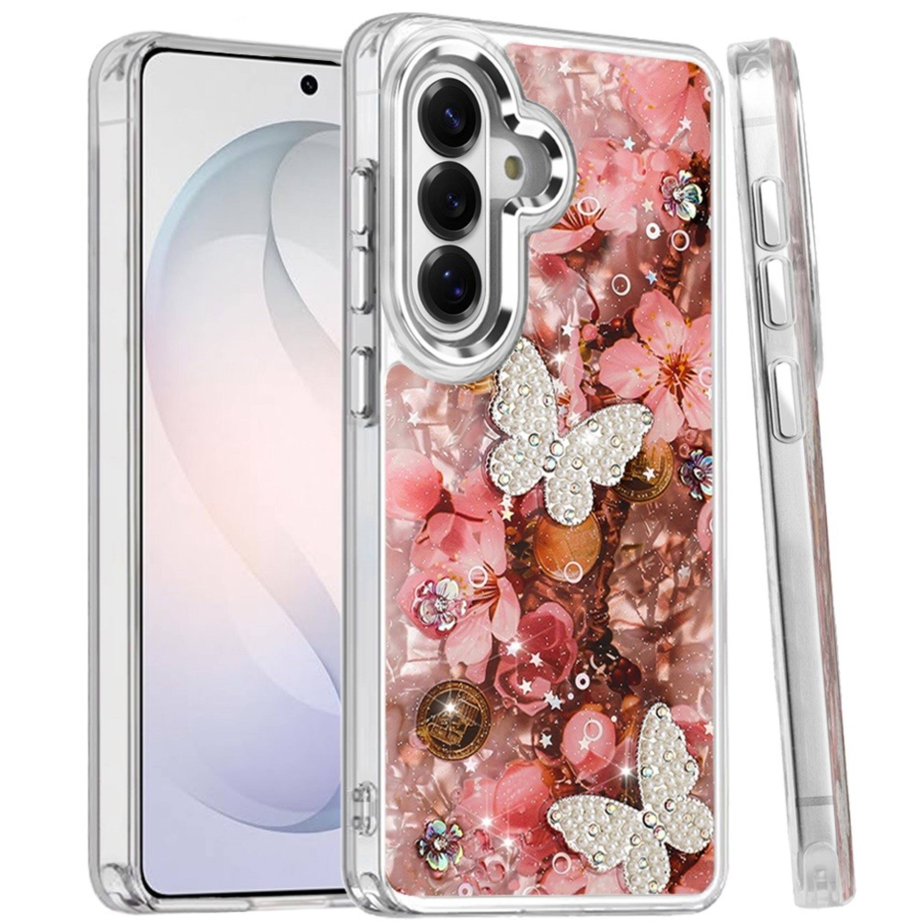 Left. Kitcheniva - Dazzling 3D Butterfly Beaded Glitter Protective Case With Tempered Glass For Samsung S26 FE D - Multicolor.