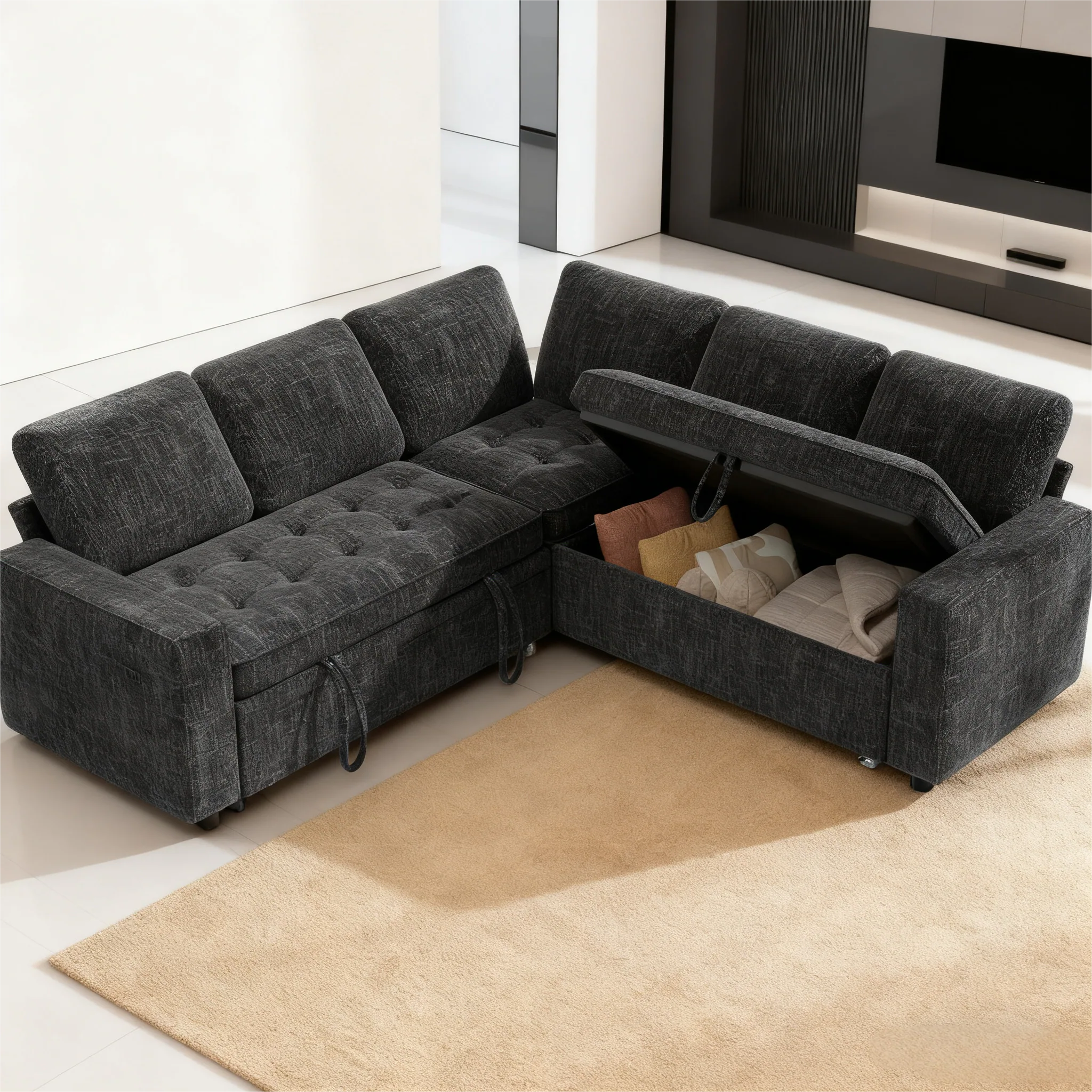 Vipbear - 80-inch 5-seater sofa with pull-out bed, adjustable backrest/storage seat, tool-free assembly - Black