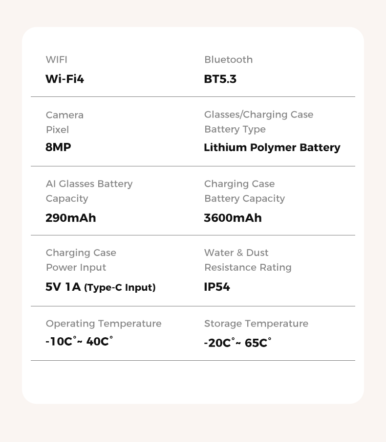 WIFI: Wi-Fi4  
Bluetooth: BT5.3  
Camera: 8MP  
Glasses/Charging Case Battery Type: Lithium Polymer Battery  
AI Glasses Battery Capacity: 290mAh  
Charging Case Battery Capacity: 3600mAh  
Charging Case Power Input: 5V 1A (Type-C Input)  
Water & Dust Resistance Rating: IP54  
Operating Temperature: -10°C ~ 40°C  
Storage Temperature: -20°C ~ 65°C