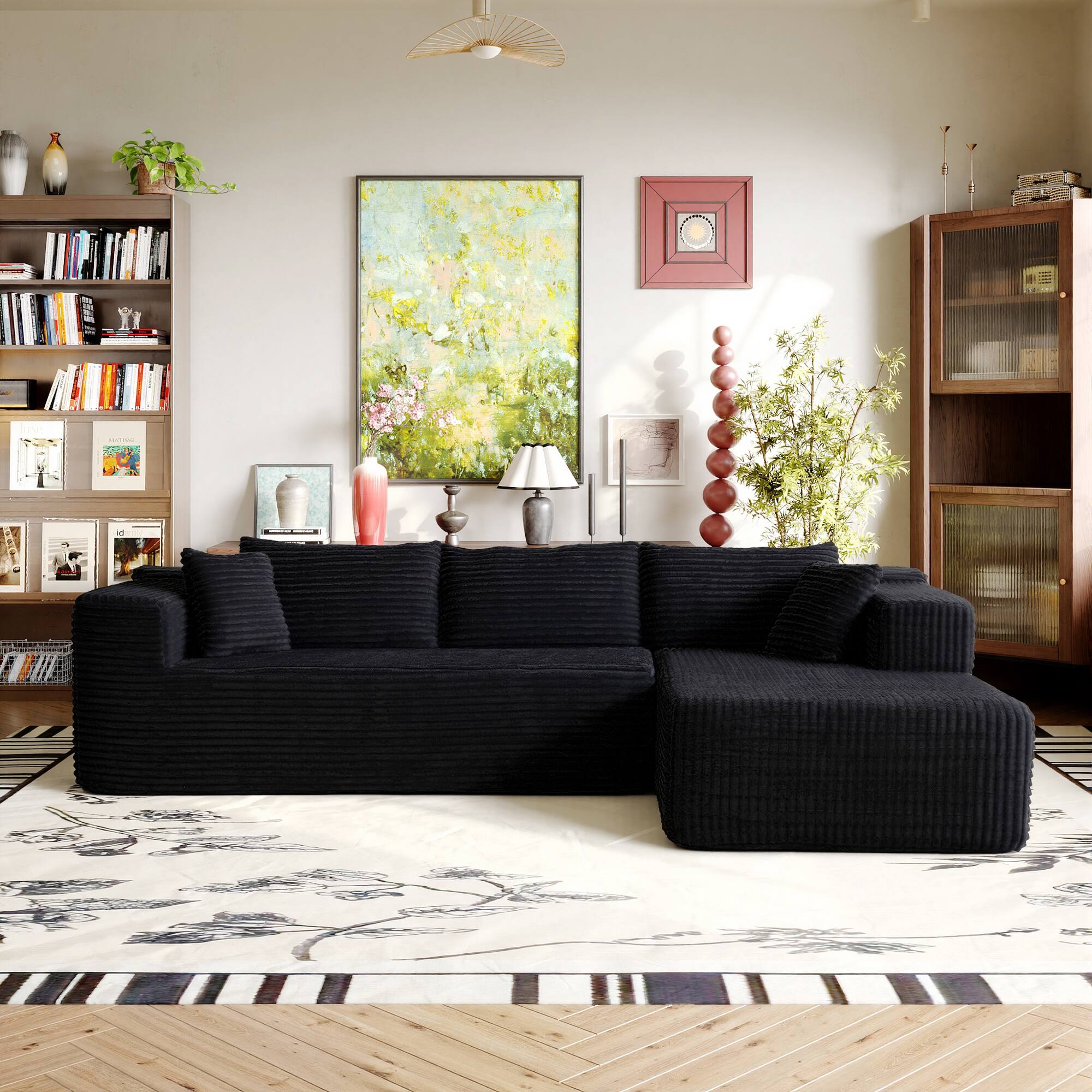 Alt View 1. FUFU&GAGA - Modular Corduroy L-Shaped Sectional Sofa with Chaise, High-Density Foam Cushions and Matching Pillows - Black.