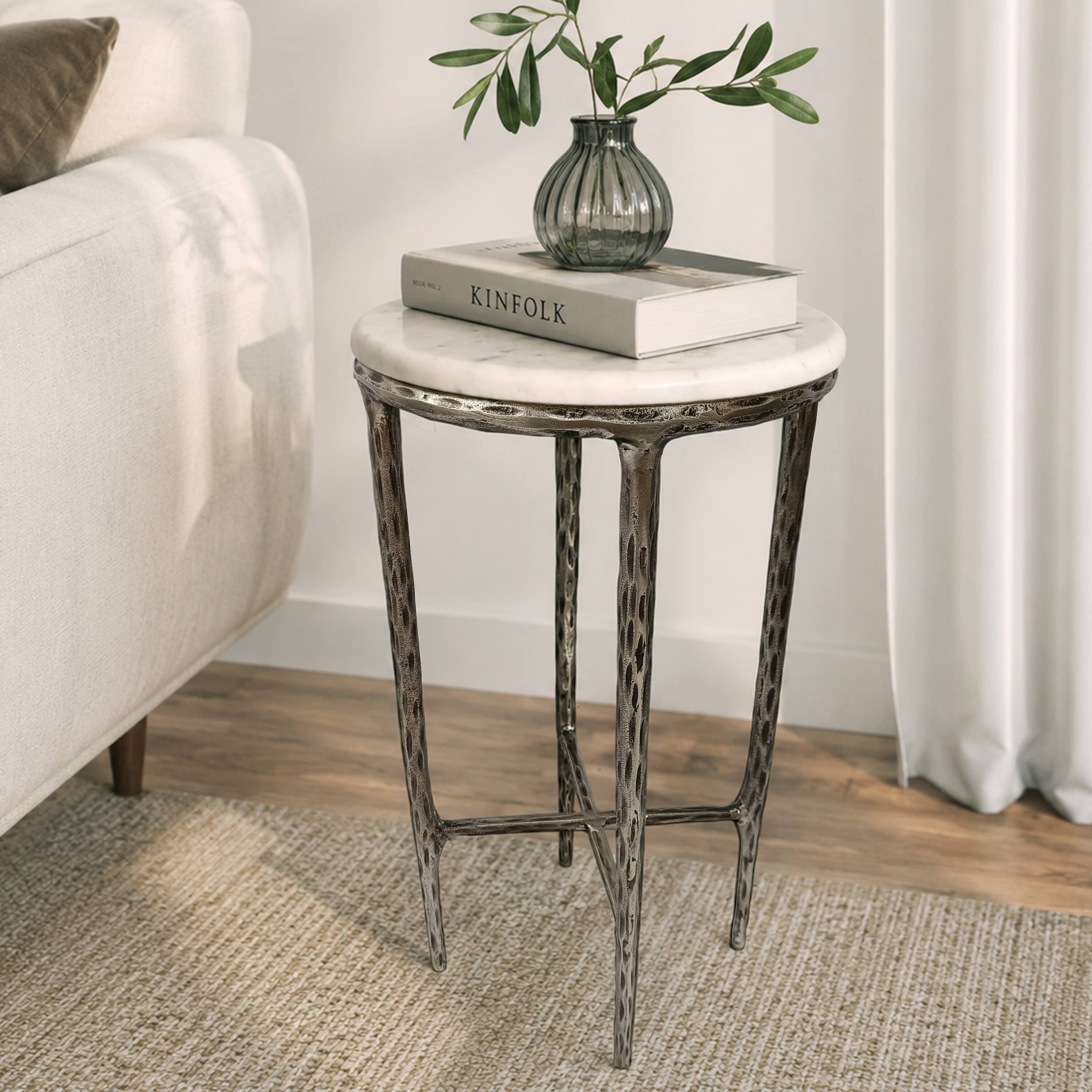 Alt View 8. Manhattan Lane - Minza Accent Side End Table, Modern White Marble Round Top, Hand Forged, Hammered Antique Nickel Finish, 24 Inch - Silver, White.