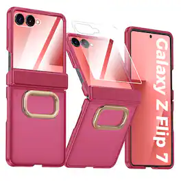 Dteck - Rugged Case for Samsung Galaxy Z Flip7 with Ring Kickstand, Translucent Hinge Protective Cover Built-in Screen Protector - Red