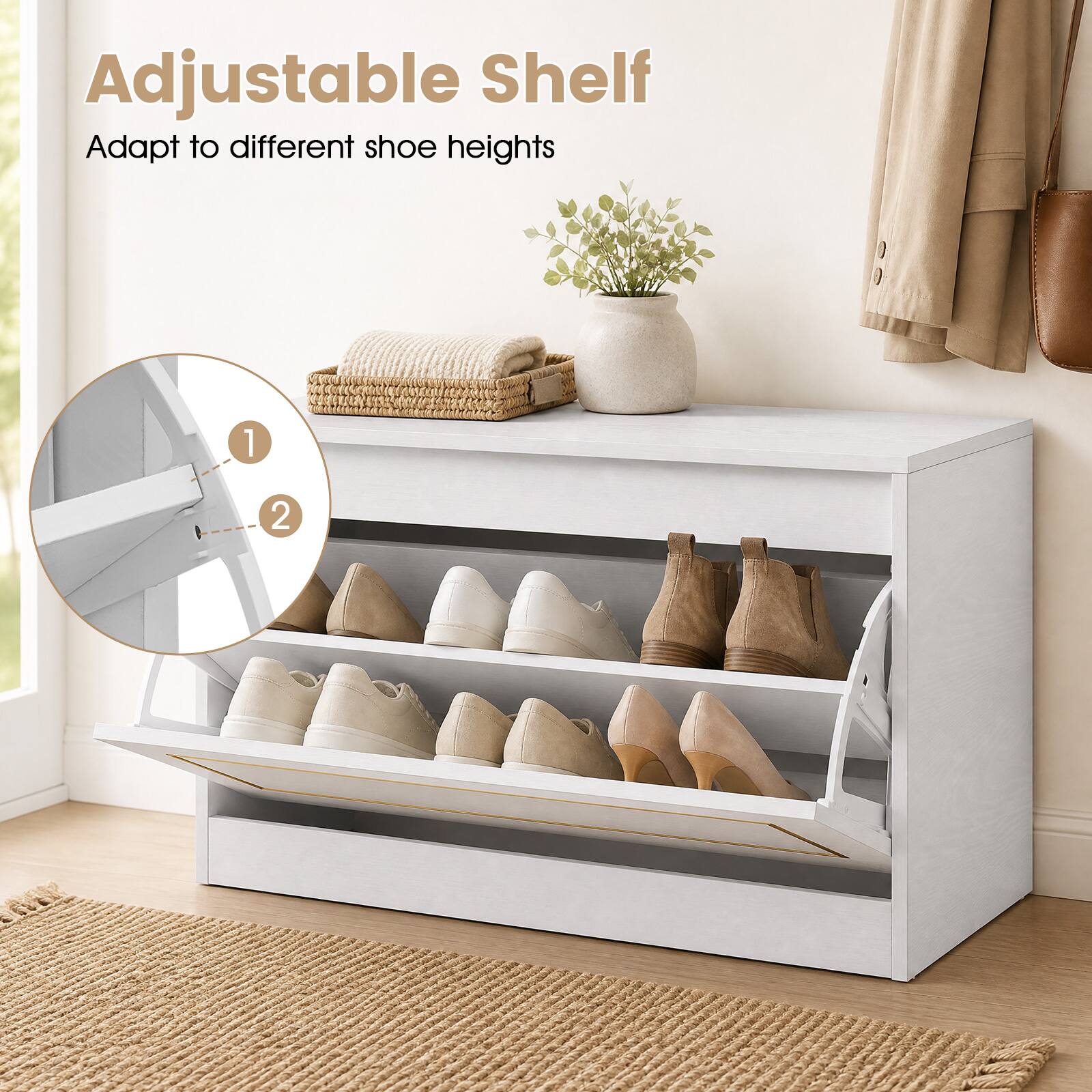 Adjustable Shelf  
Adapt to different shoe heights  
1  
2