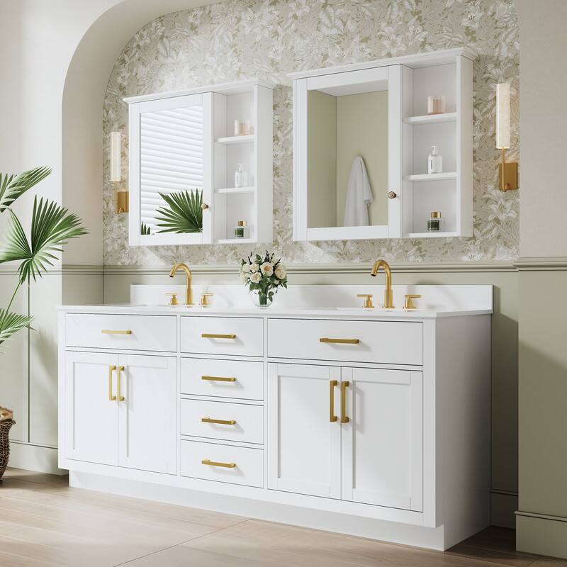Angle. WELLFOR - 80" Solid Wood Bathroom Vanity with Double Sink, 4 Soft-Close Doors, 6 Drawers& Cultured Marble Countertop - White.