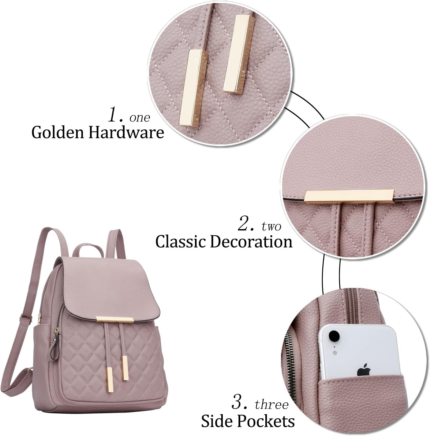 1. One Golden Hardware  
2. Two Classic Decorations  
3. Three Side Pockets