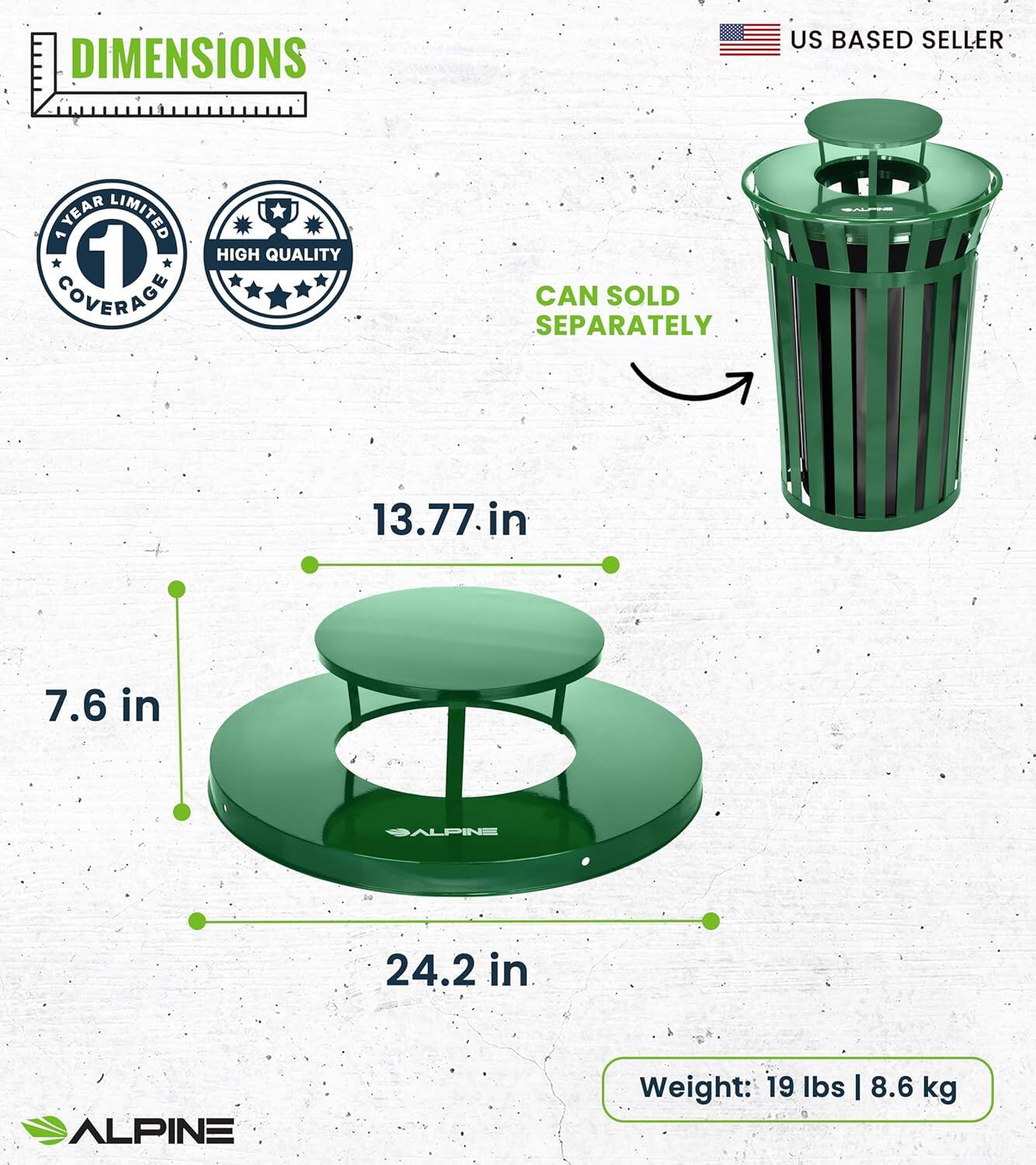 DIMENSIONS, US BASED SELLER, YEAR LIMITED 1 COVERAGE, HIGH QUALITY, CAN SOLD SEPARATELY, 13.77.in, 7.6 in, ALPINE, 24.2 in, Weight: 19 Ibs | 8.6 kg