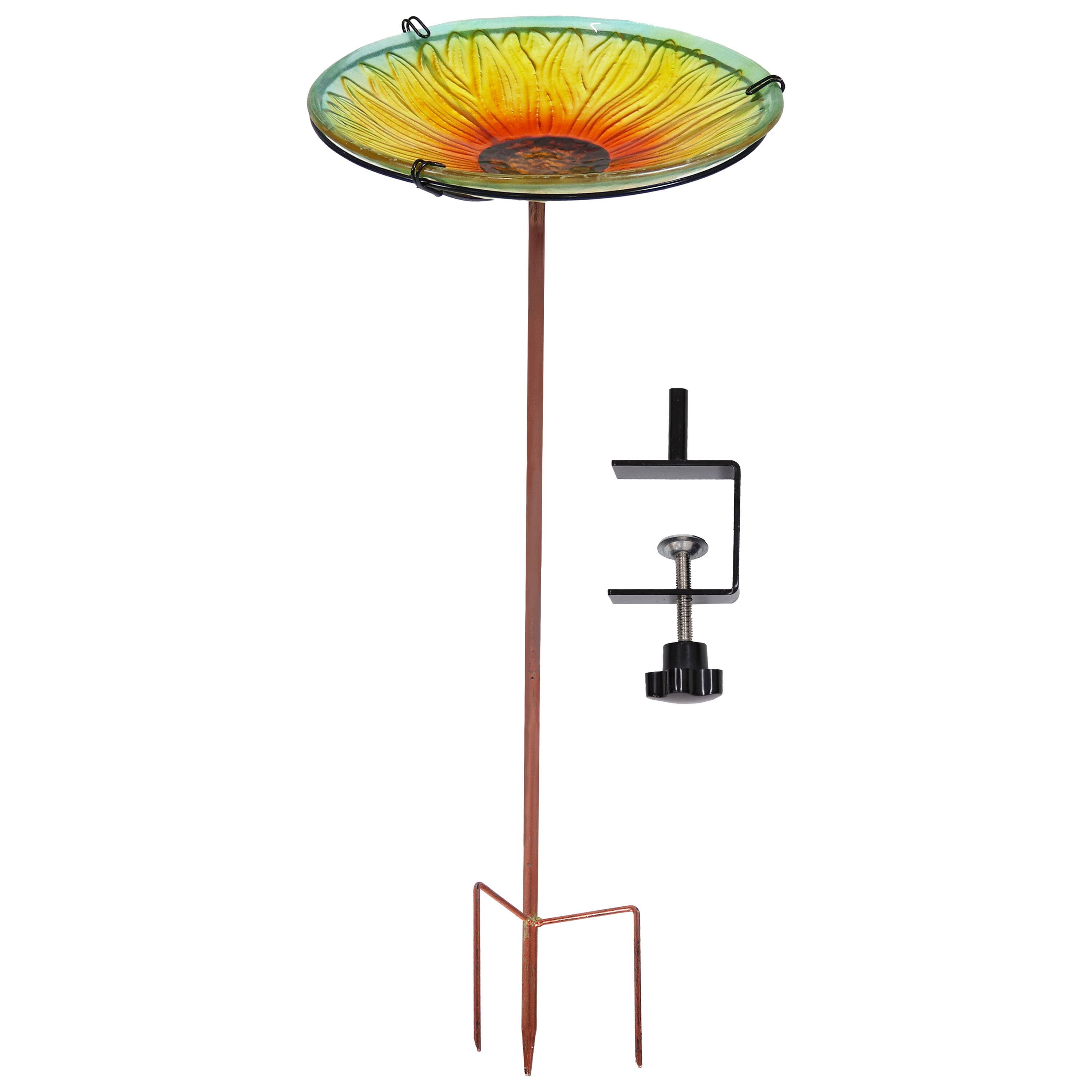 Front. Sunnydaze - Deck-Mounted Glass Bird Bath with Stake - Blooming Sunflower.