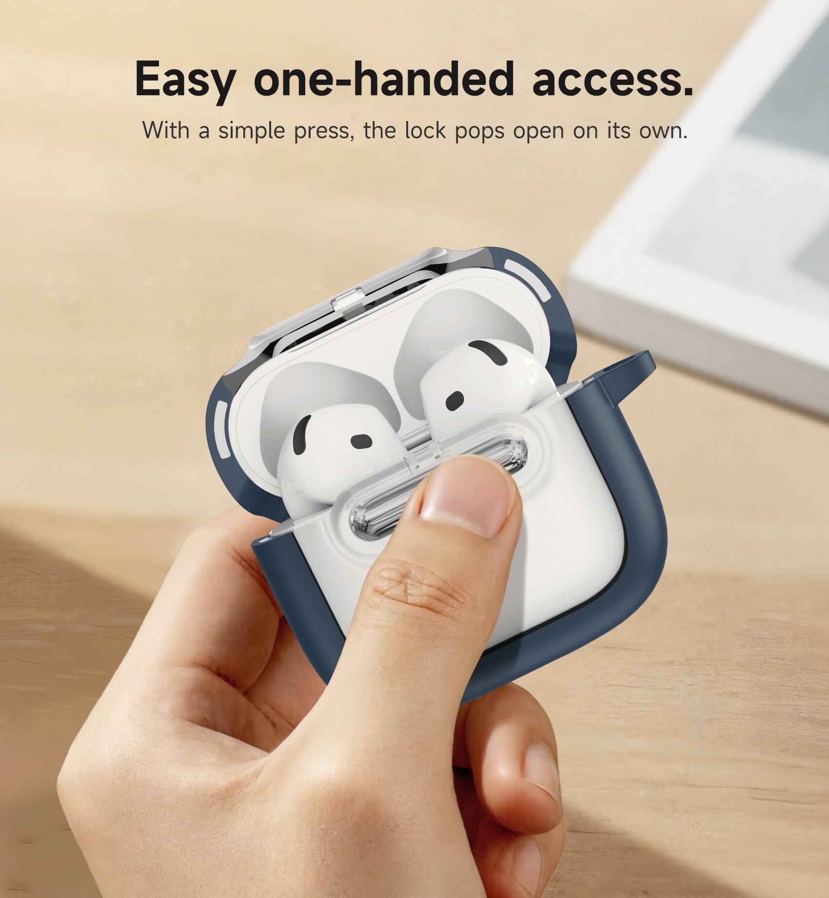 Easy one-handed access.  
With a simple press, the lock pops open on its own.