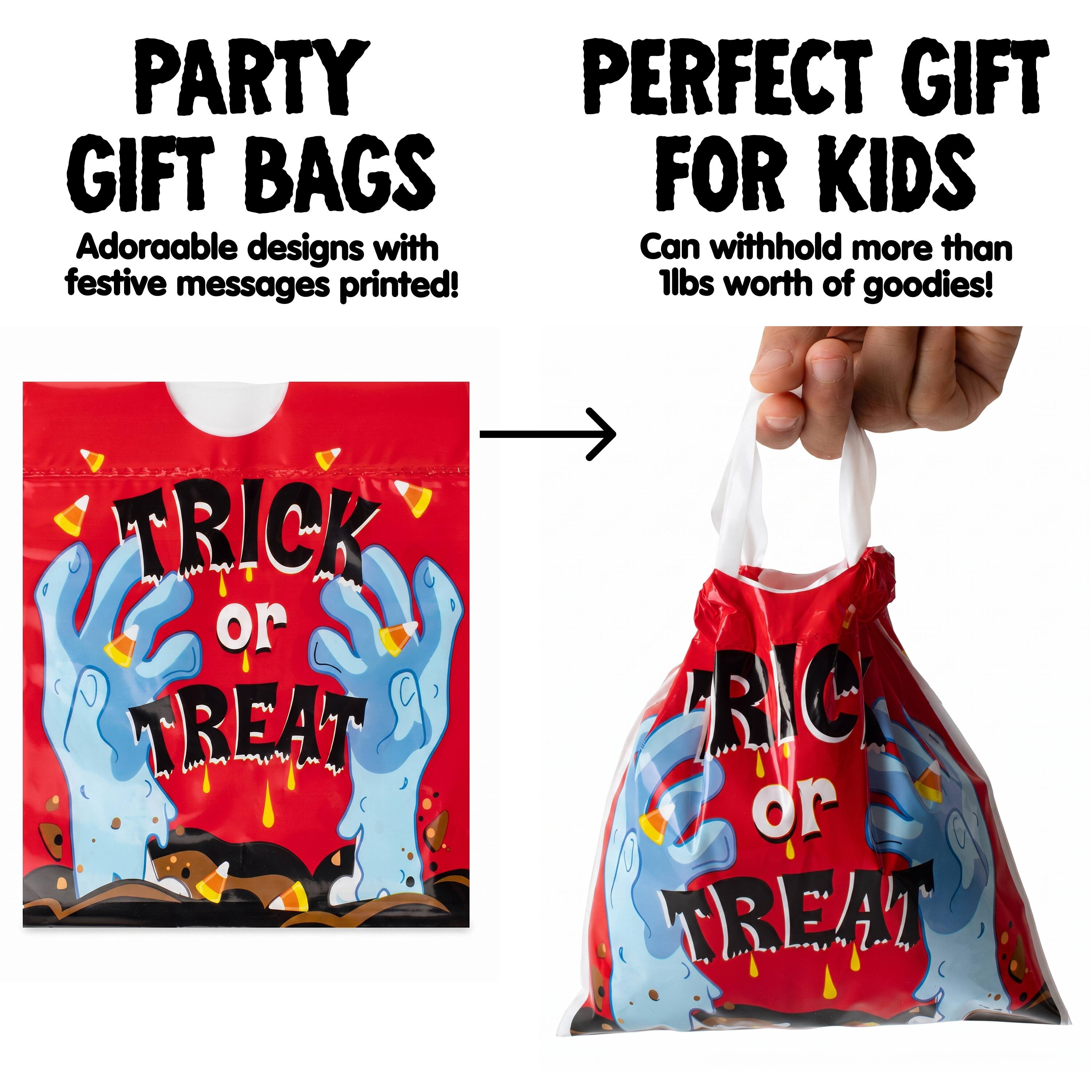 PARTY GIFT BAGS  
Adorable designs with festive messages printed!  

PERFECT GIFT FOR KIDS  
Can withhold more than 1lbs worth of goodies!  

TRICK or TREAT