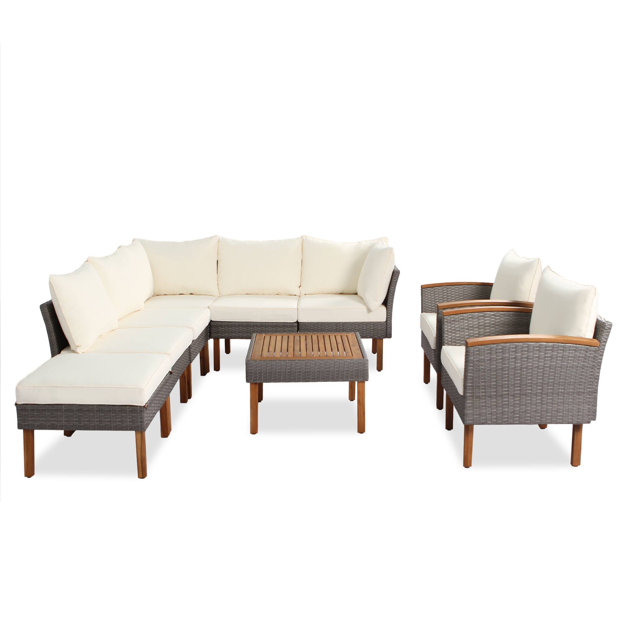 Left. APRILSOUL - GO 9-Piece Patio Rattan Furniture Set Outdoor With Acacia Wood Legs and Tabletop Beige - Beige.