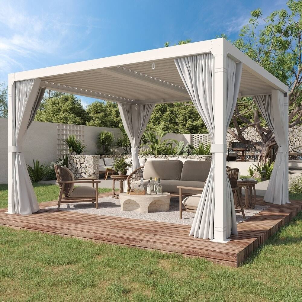 U-HOMY - 12x12 Aluminum Louvered Pergola with Adjustable Roof, Outdoor Patio Gazebo with Curtains for Backyard and Deck - White price history on PriceWatchPro