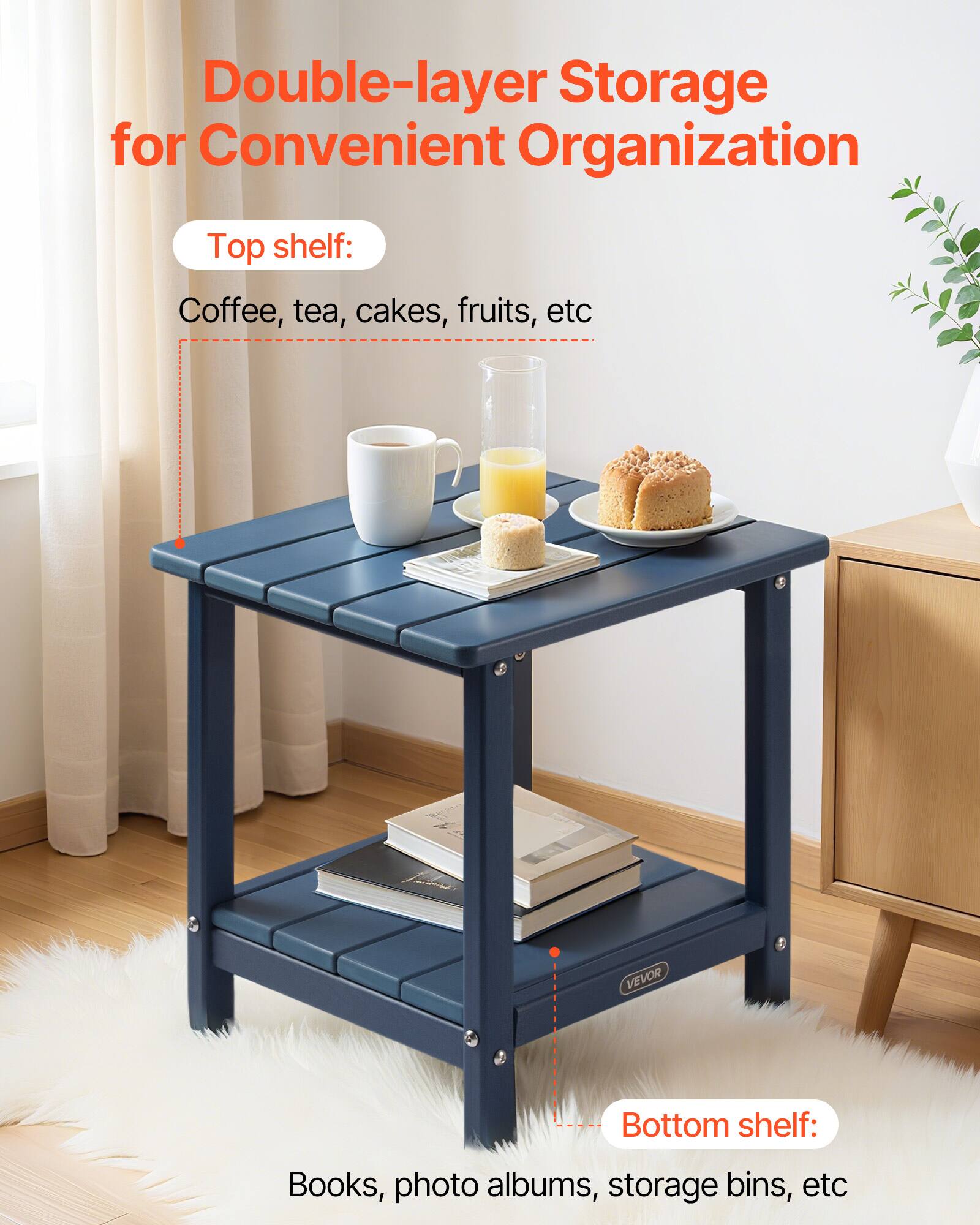 Double-layer Storage for Convenient Organization

Top shelf:
Coffee, tea, cakes, fruits, etc

Bottom shelf:
Books, photo albums, storage bins, etc