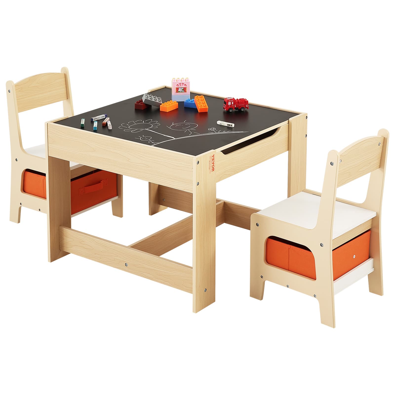 VEVOR - Kids Table and 2 Chairs Set, Toddler Table and Chair Set with Storage Space under the Table, Cloth Storage Box - Light Wood