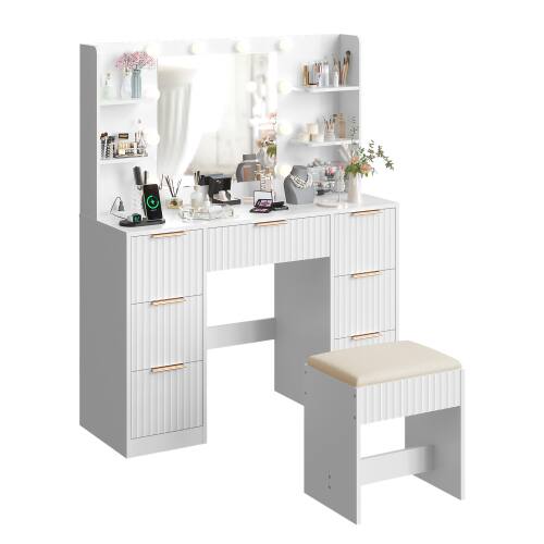 Alt View 5. Winado - Fluted Makeup Vanity Set with Lighted Mirror & Charging Station, Dressing Table w/ 7 Drawers for Femal Gift - White.