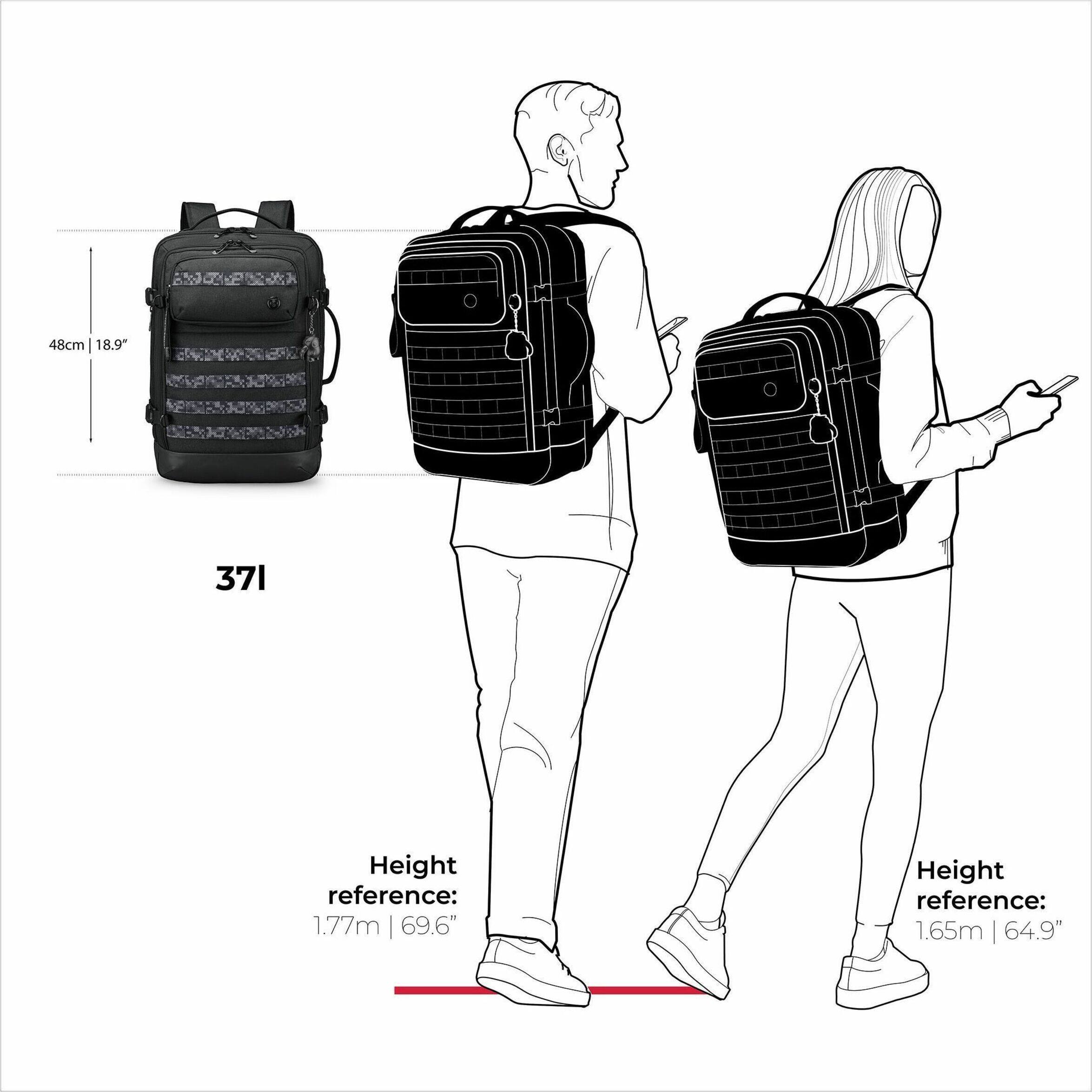 The image shows a man and a woman wearing backpacks. The man's backpack is 48cm tall, while the woman's backpack is 37cm tall. The image also provides a height reference for both individuals, with the man being 1.77 meters (69.6 inches) tall and the woman being 1.65 meters (64.9 inches) tall.