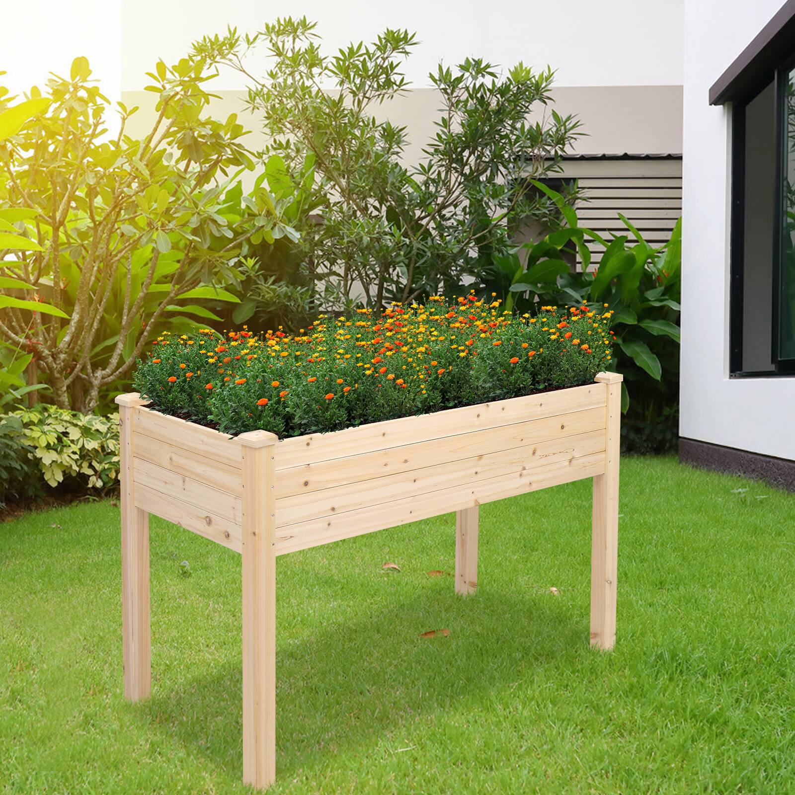 Back. Winado - Raised Garden Bed, 48x23x30 Inch Elevated Wooden Planter Box with Legs, Natural Wood Standing Growing Bed for Herbs Flow.
