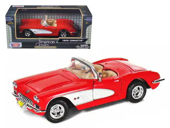 Sure, here is the corrected and grouped text from the image:
---
**1:24 SCALE**
**3+**
**American Classics**
**1959 CORVETTE**
**MOTOR MAX**
**WARNING: CHOKING HAZARD - Small parts. Not for children under 3 years.**
---
**1:24 SCALE**
**3+**
**American Classics**
**1959 CORVETTE**
**MOTOR MAX**
**WARNING: CHOKING HAZARD - Small parts. Not for children under 3 years.**