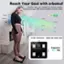 Reach Your Goal with arboleaf: The arboleaf app can intelligently analyze weight, fat percentage, BMI trends weekly, monthly, and yearly. The image shows a woman standing on a scale with her weight at 180.5 lbs, body fat at 30.5%, and BMI at 29.1%. The platform is ideal for daily use, with a capacity of 11.02" and a weight limit of 400 lbs.