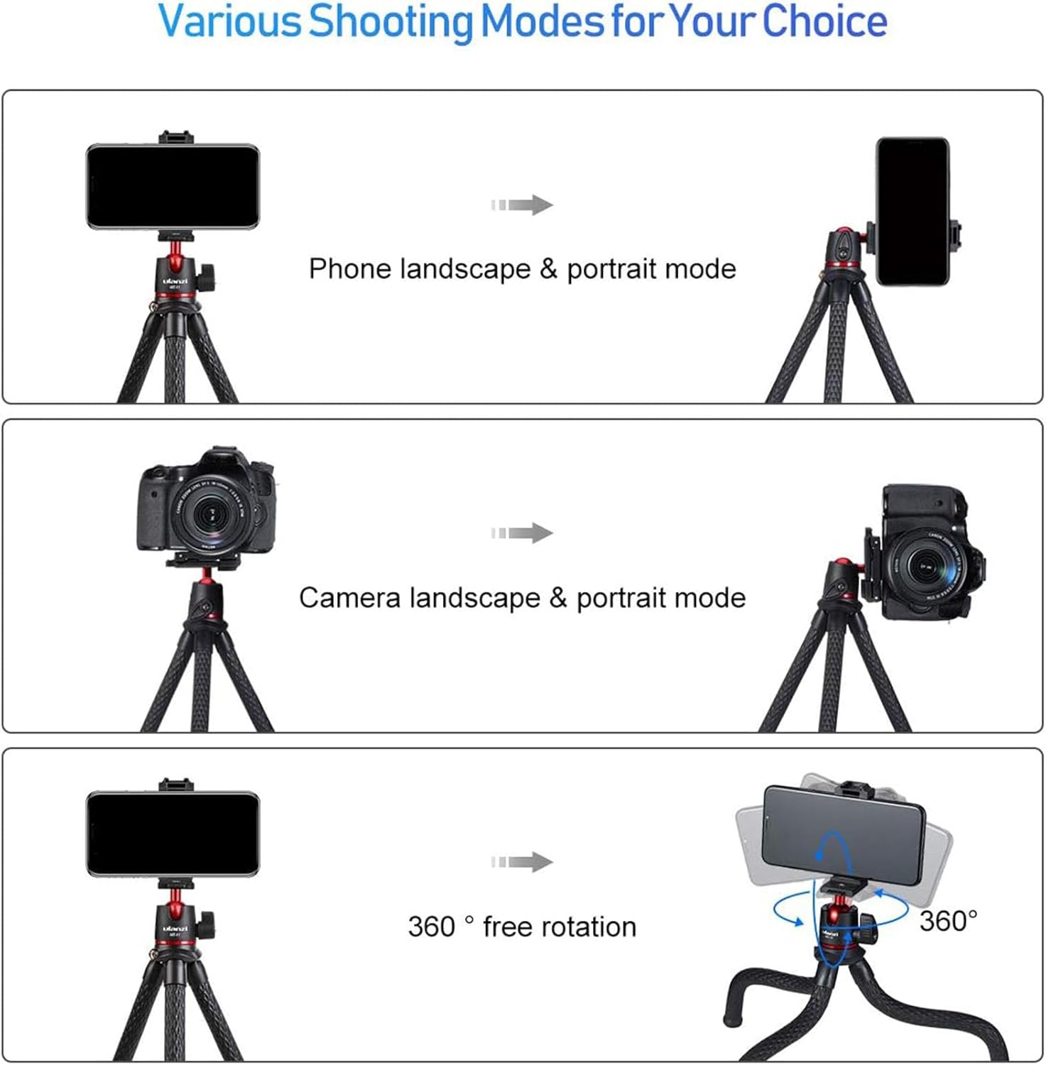 Various Shooting Modes for Your Choice

- Phone landscape & portrait mode
- Camera landscape & portrait mode
- 360° free rotation