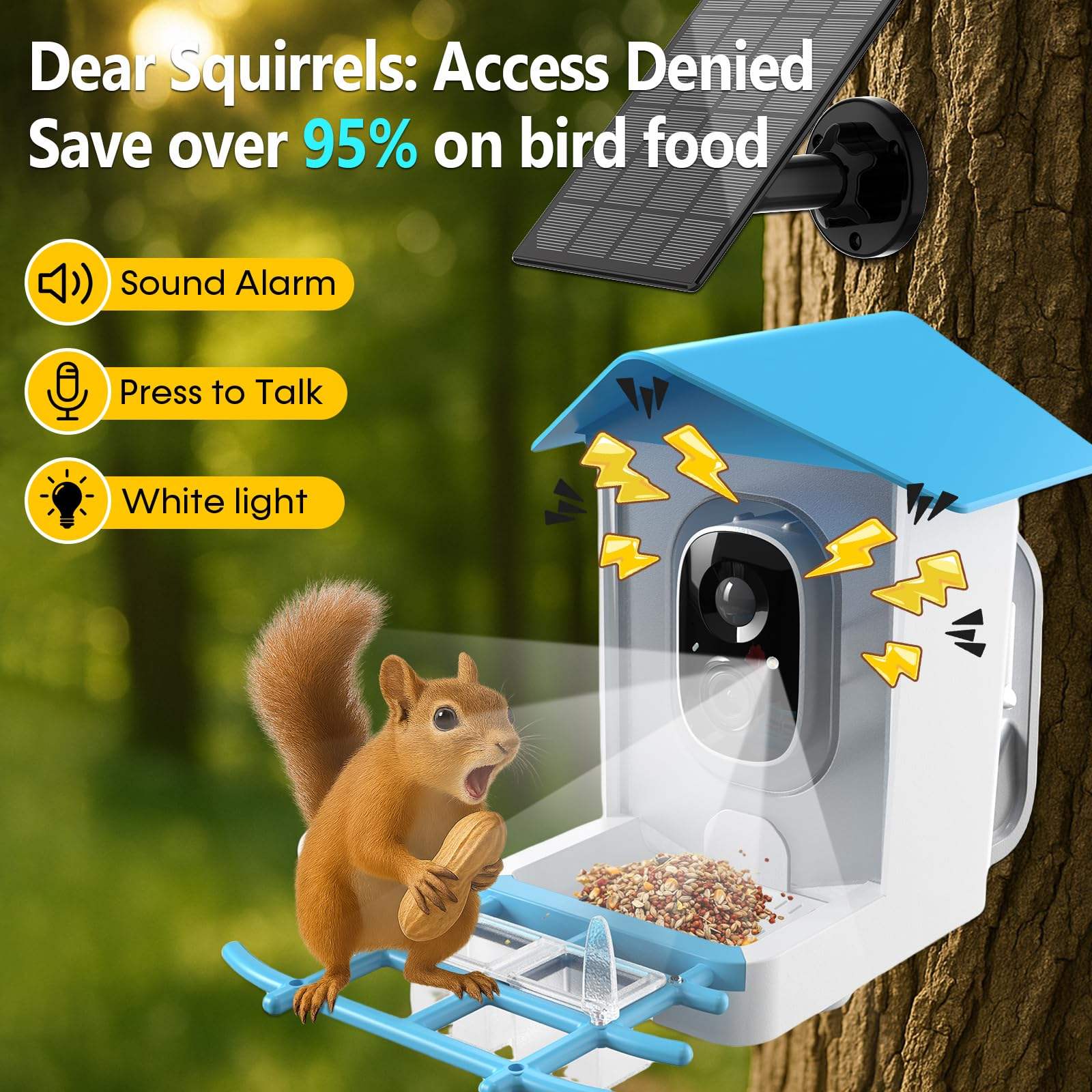 Dear Squirrels: Access Denied  
Save over 95% on bird food

- Sound Alarm
- Press to Talk
- White light