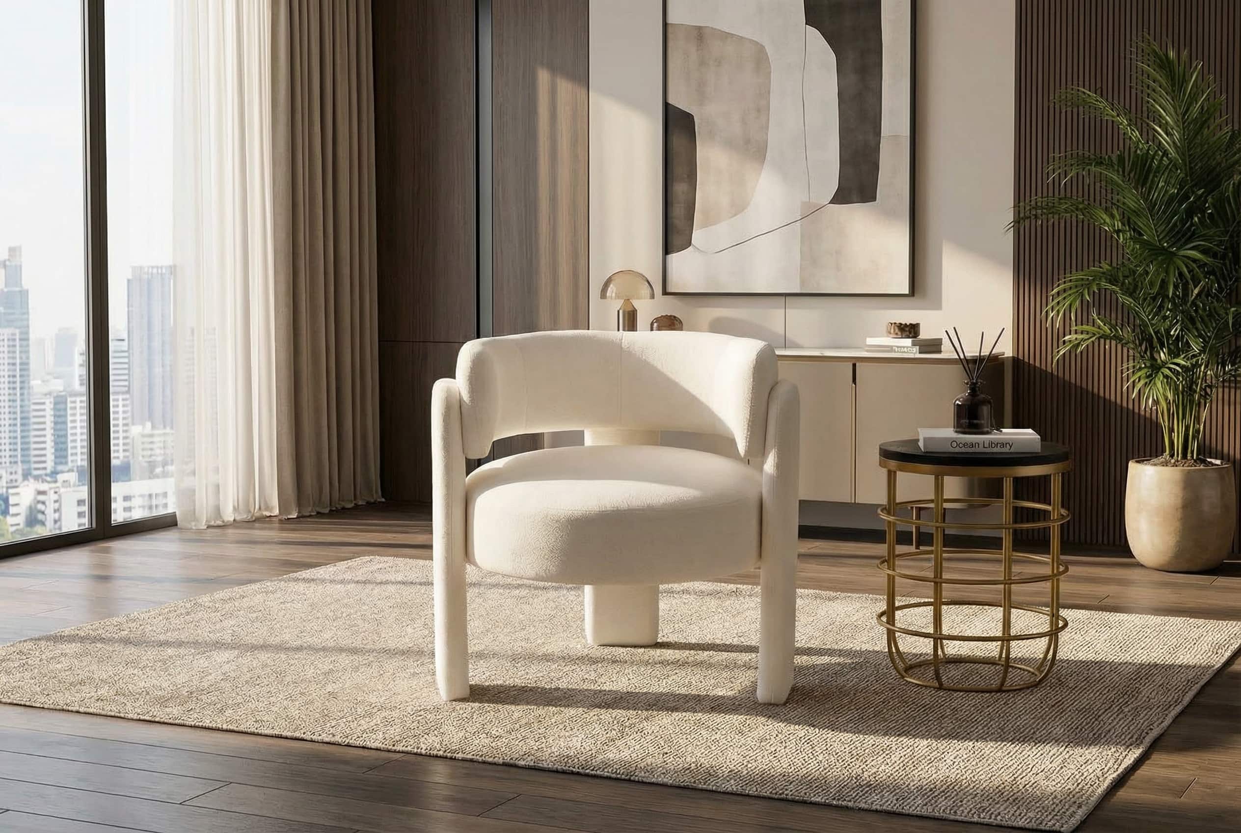 Forest'nSky - Modern Office Chair in Green Boucle Fabric - Contemporary Upholstered Armchair for Desk & Lounge,White - Ancient White