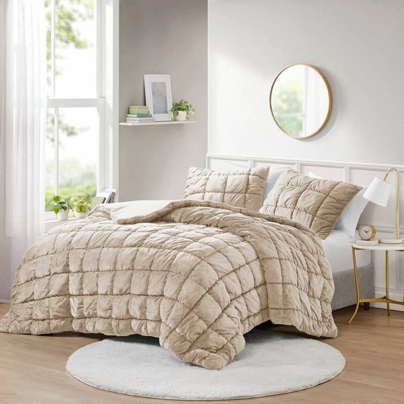 Left. Hivvago - Twin Size Beige Velvety Soft Down Alternative Comforter Set - Beige.
