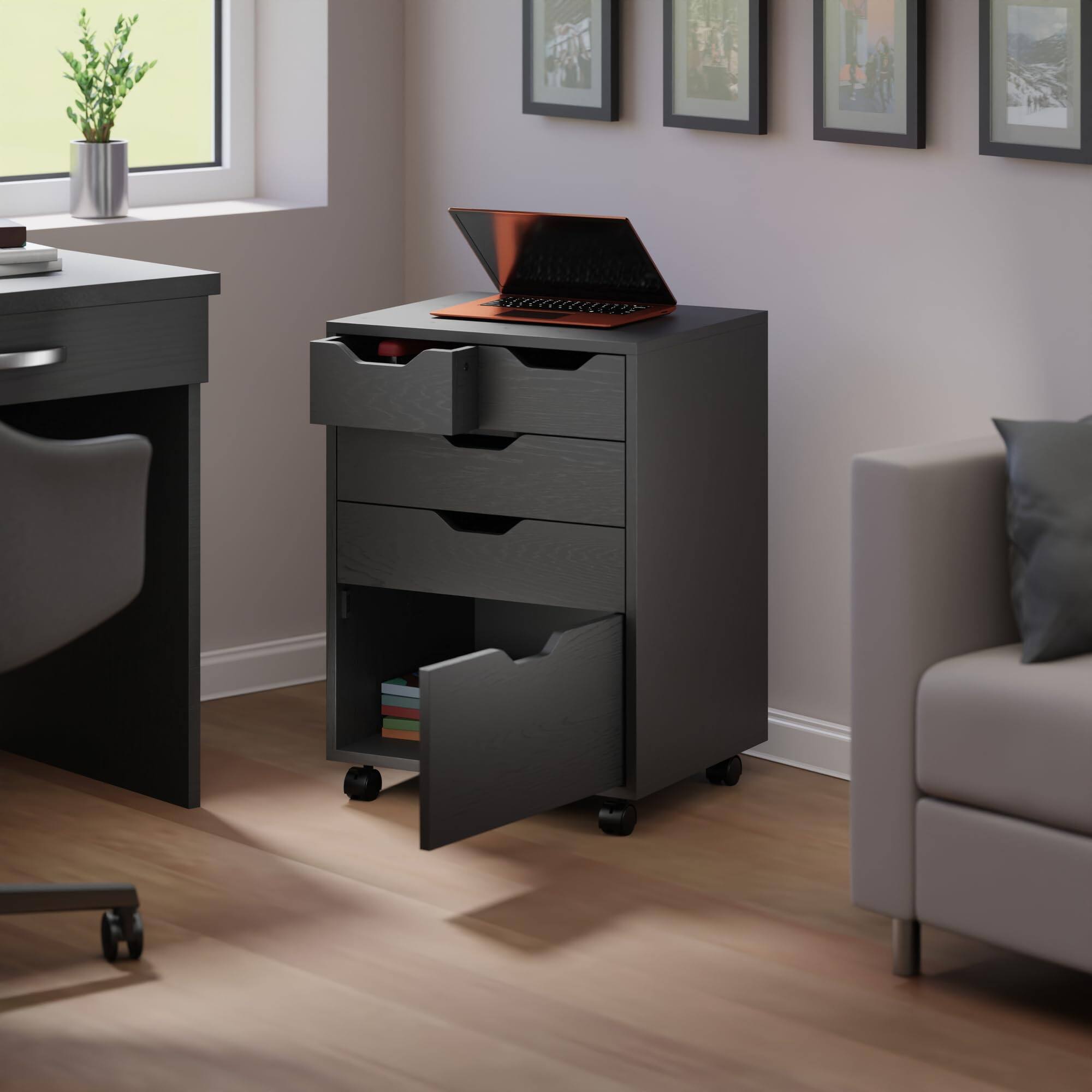 Left. Earthley Blooms - Halifax Bins Drawers Mobile Cabinet Home Office FabricCabinet with diverse storage handles.