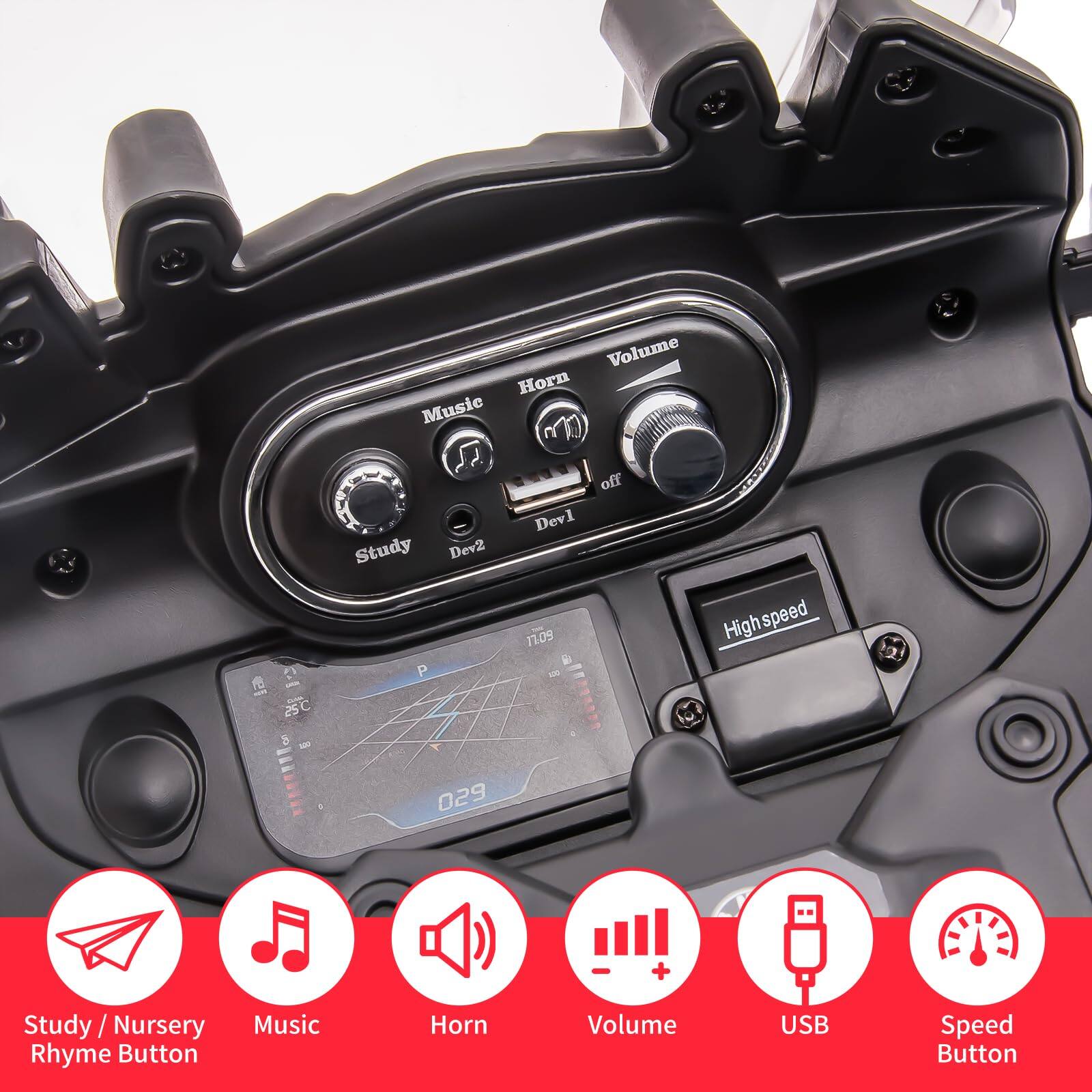 - Study / Nursery Rhyme Button
- Music
- Horn
- Volume
- USB
- Speed Button

Volume Horn Music 1B n 25 Study P Dev2 Devl 11.09 N off High speed 3 Na T . 029 + Study / Nursery Rhyme Button Music Horn Volume USB Speed Button